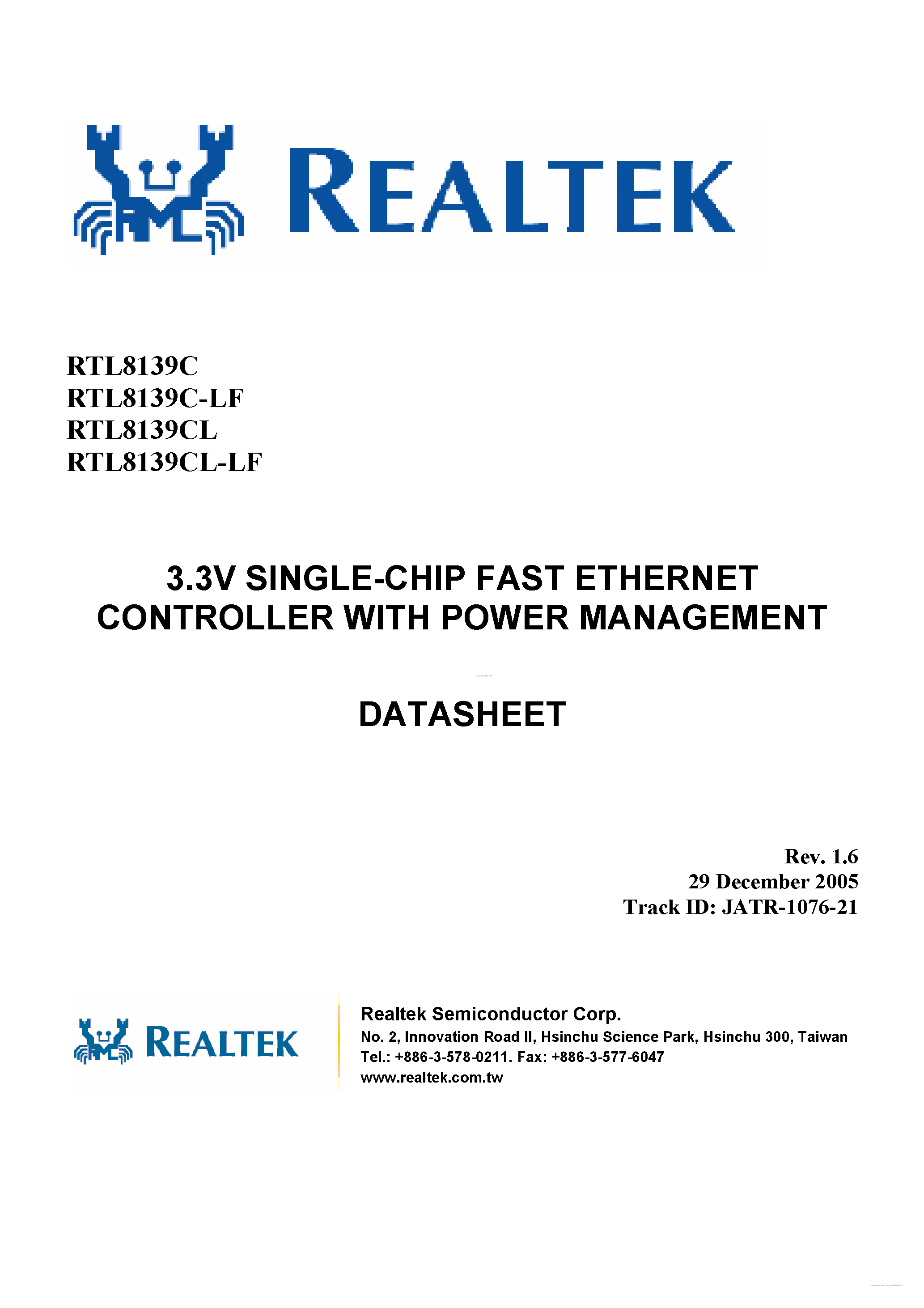 Datasheet RTL8139C - 3.3V Single-Chip Fast Ethernet Controller page 1