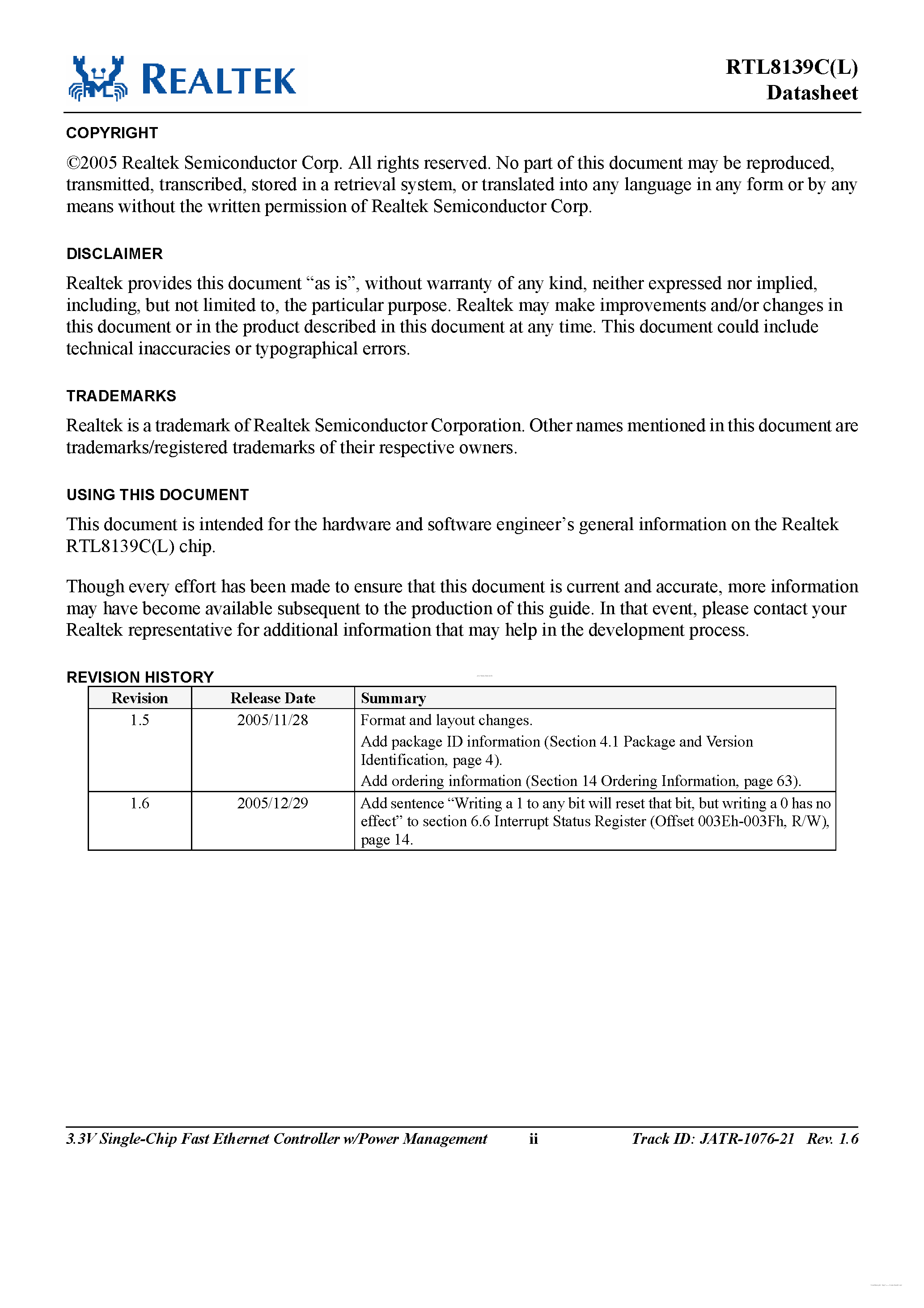 Datasheet RTL8139C - 3.3V Single-Chip Fast Ethernet Controller page 2