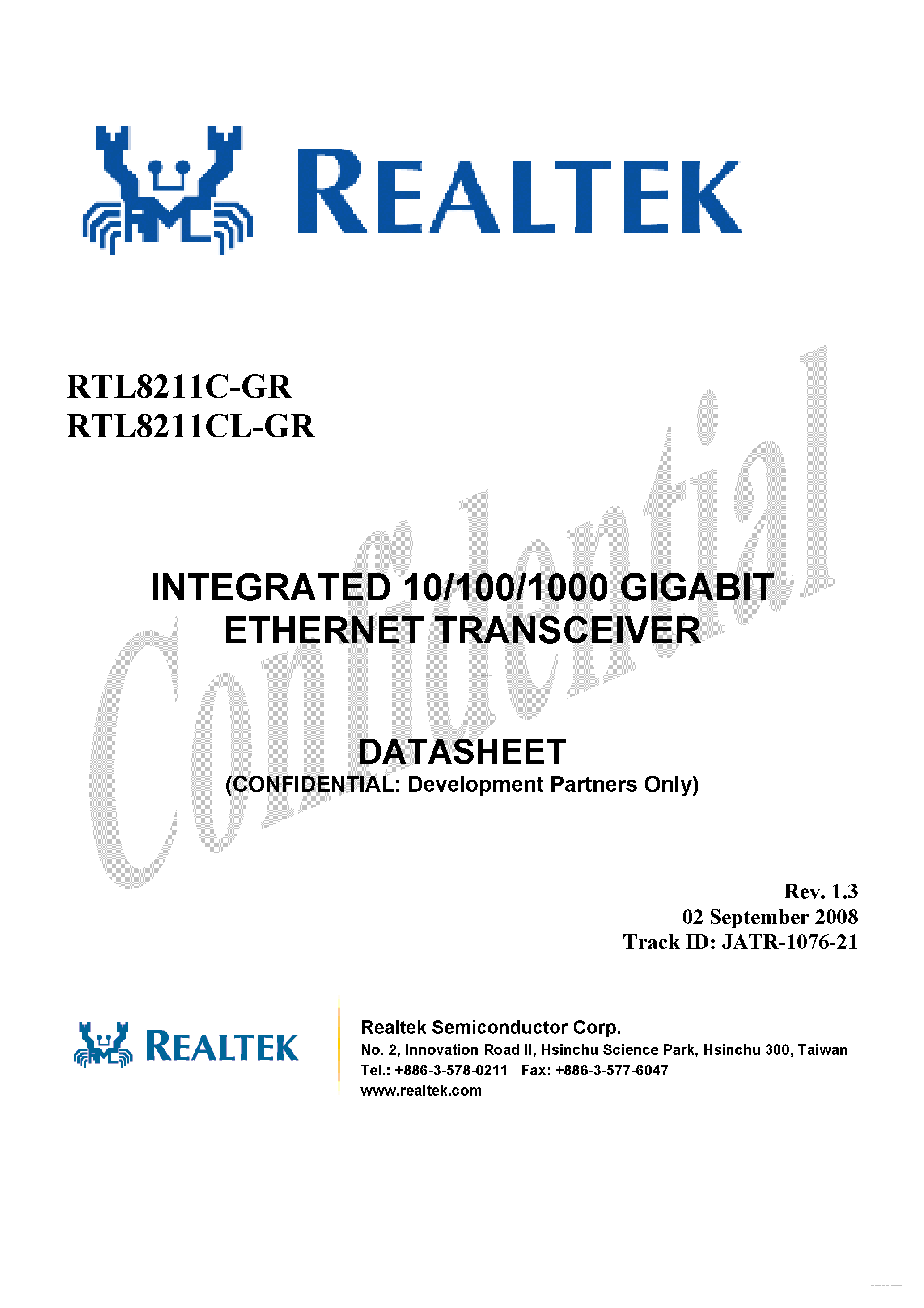 Даташит на микросхему RTL8211C-GR страница 1 Даташит RTL8211C-GR - Integrated 10/100/1000 Gigabit Ethernet Transceiver страница 1