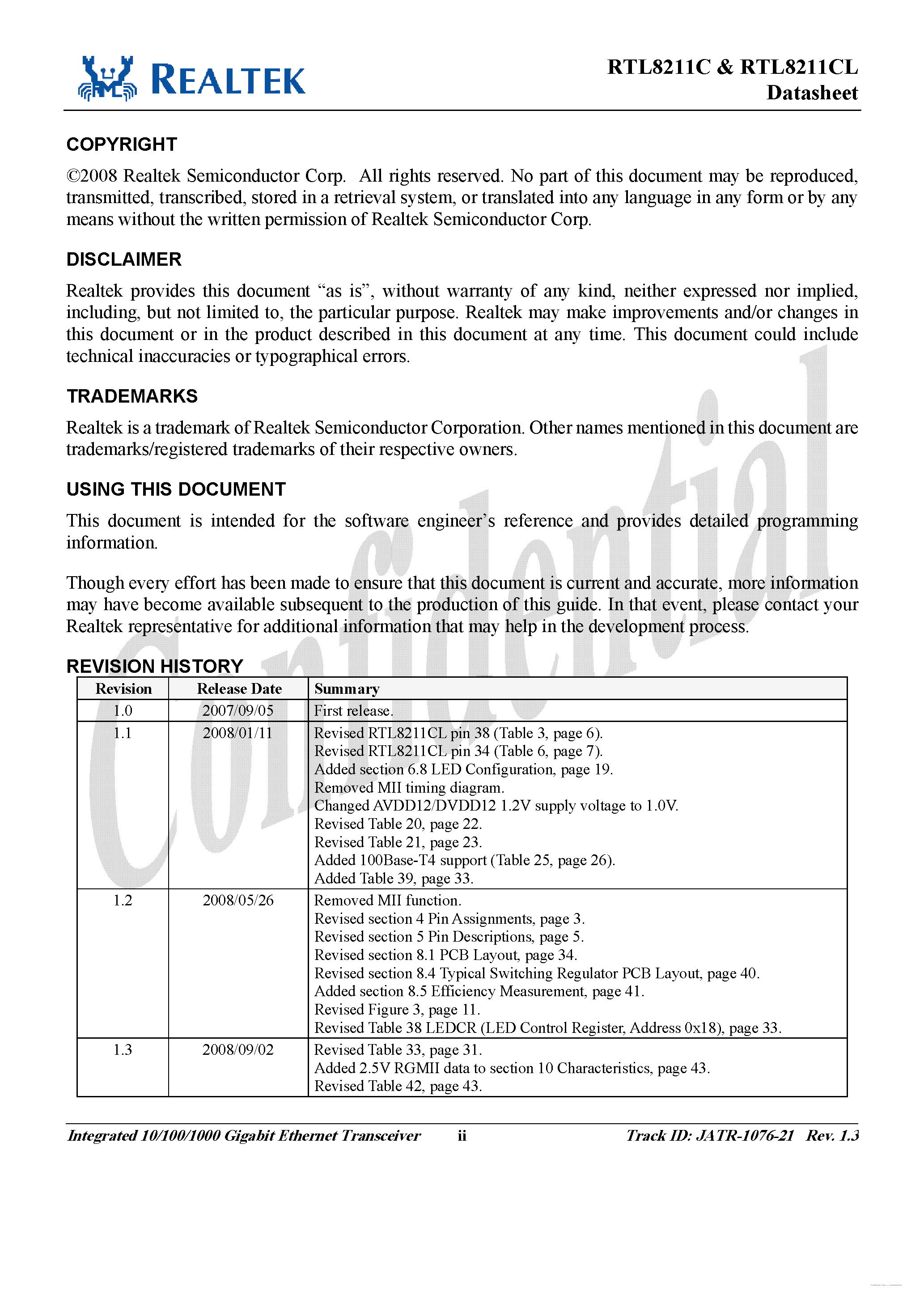 Даташит на микросхему RTL8211C-GR страница 2 Даташит RTL8211C-GR - Integrated 10/100/1000 Gigabit Ethernet Transceiver страница 2