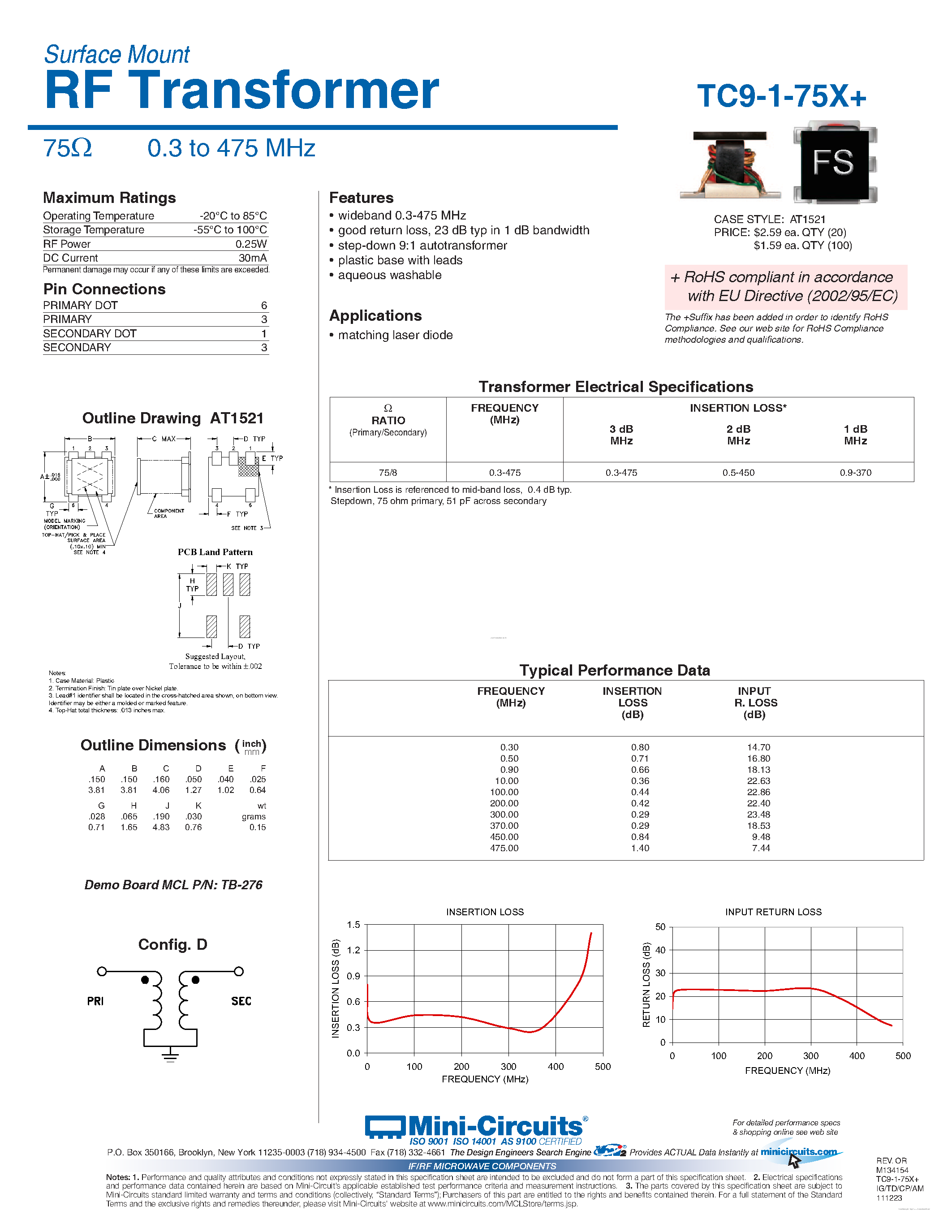 Даташит TC9-1-75X+ - RF Transformer страница 1