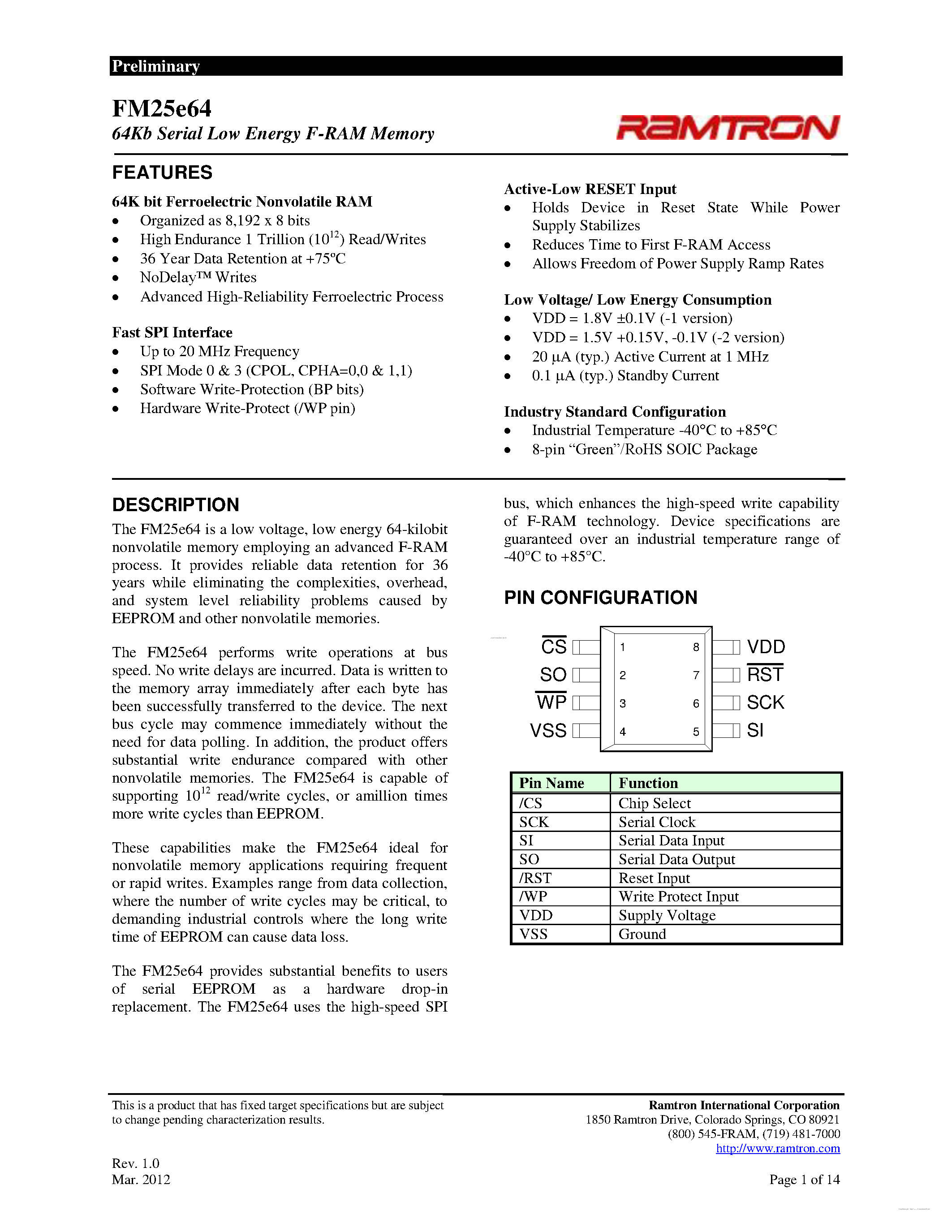 Datasheet FM25e64 - 64Kb Serial Low Energy F-RAM Memory page 1