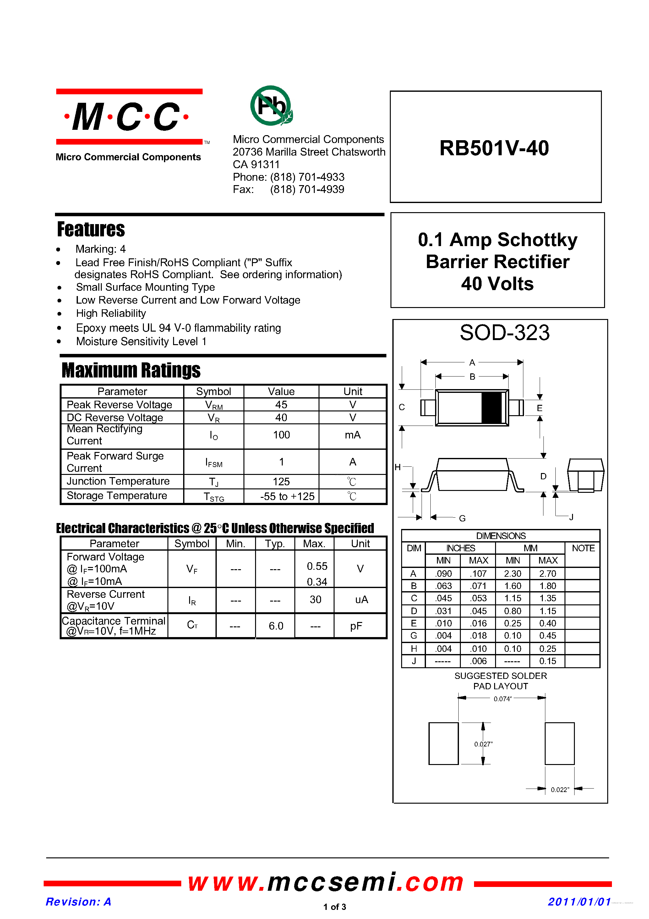 Даташит RB501V-40 - Schottky Barrier Rectifier страница 1
