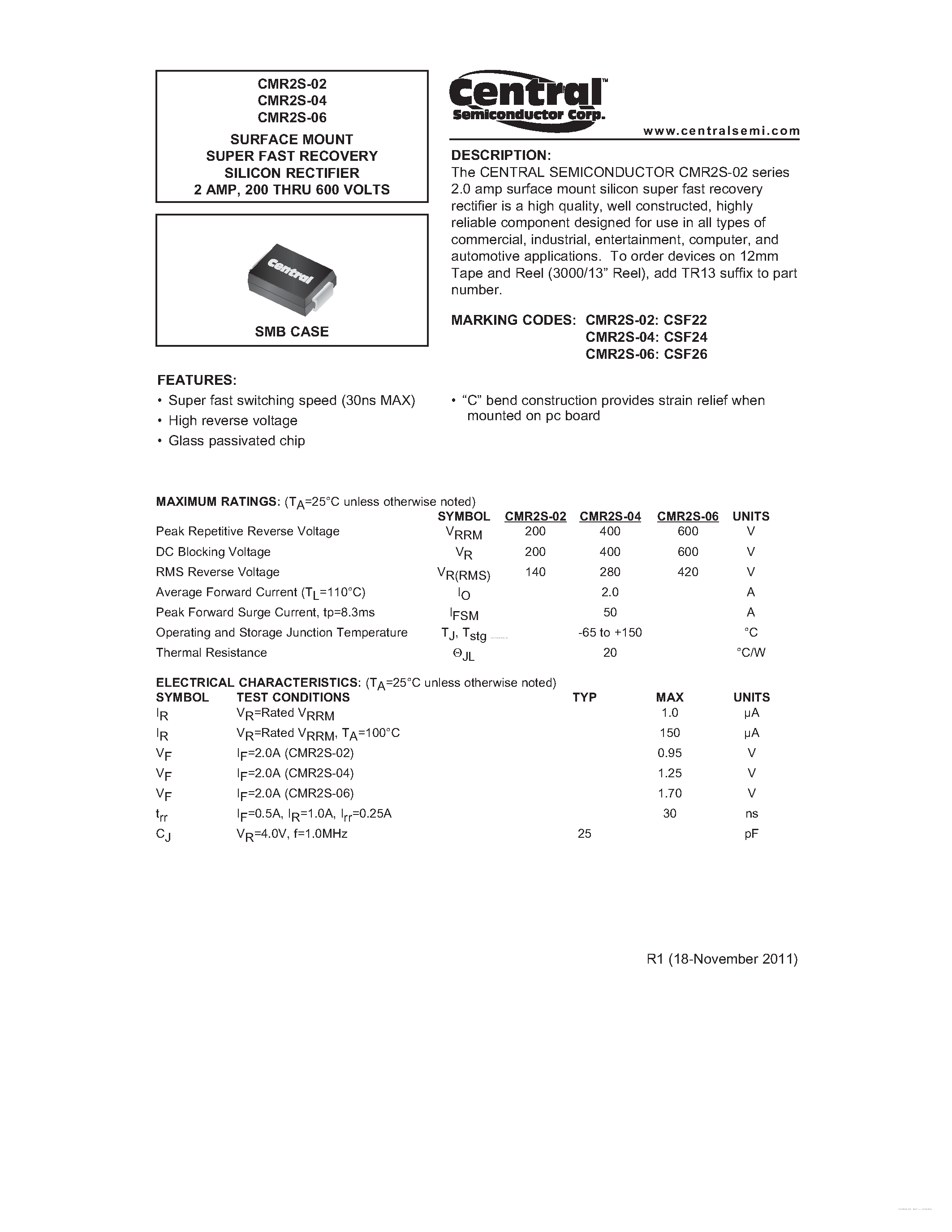 Datasheet CMR2S-02 - (CMR2S-02/-04/-06) SURFACE MOUNT SUPER FAST RECOVERY SILICON RECTIFIER page 1
