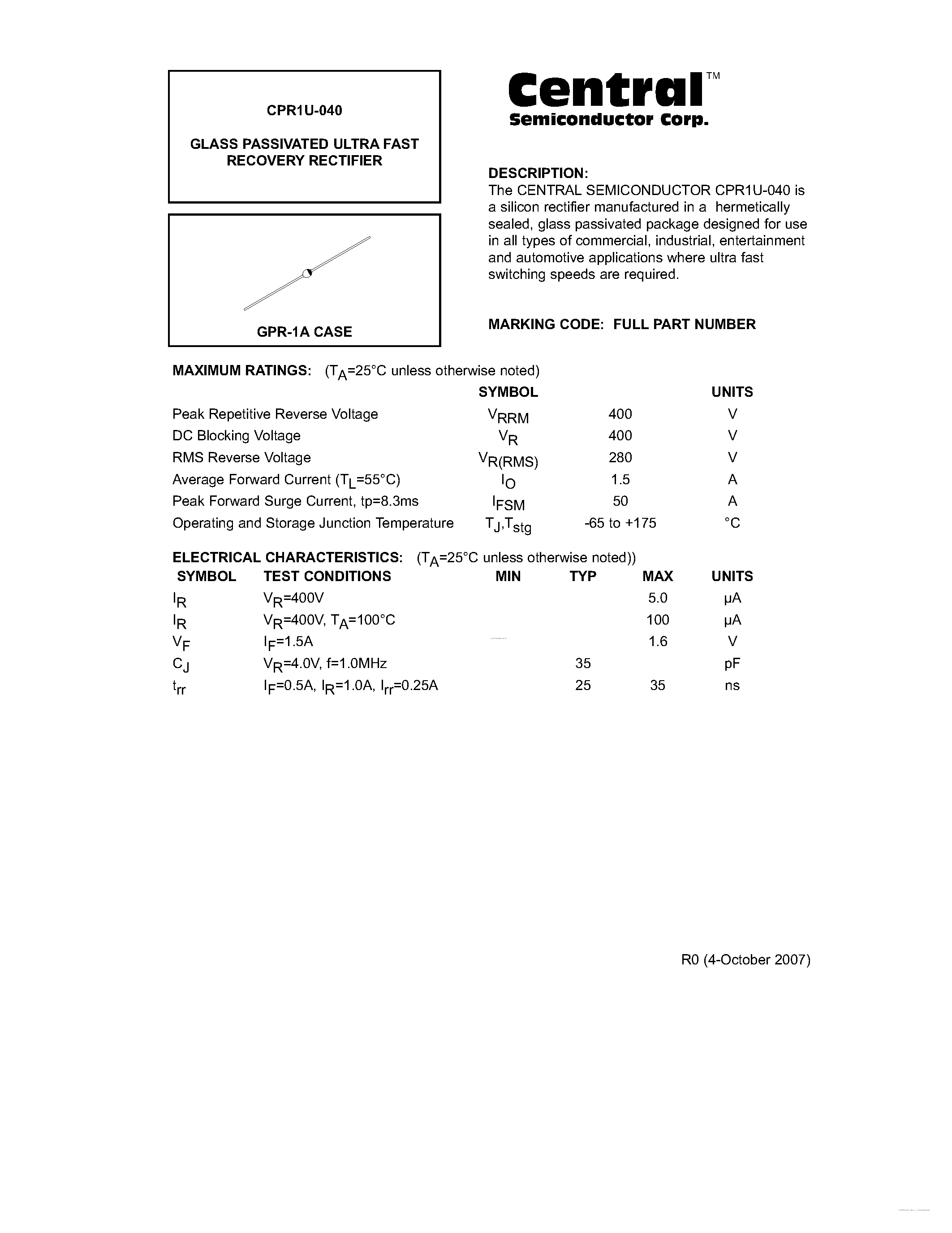 Datasheet CPR1U-040 page 1 Datasheet CPR1U-040 - GLASS PASSIVATED ULTRA FAST RECOVERY RECTIFIER page 1