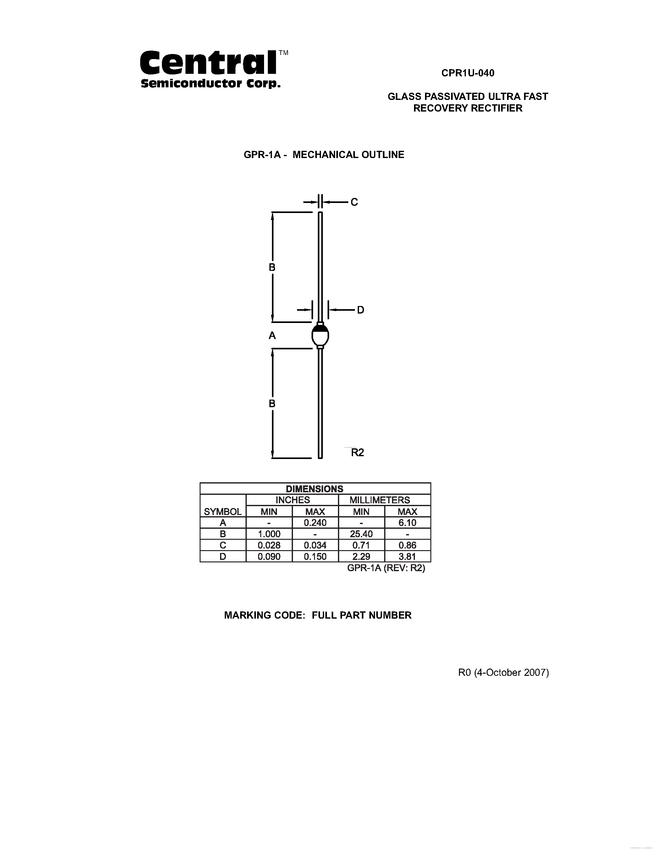 Datasheet CPR1U-040 page 2 Datasheet CPR1U-040 - GLASS PASSIVATED ULTRA FAST RECOVERY RECTIFIER page 2
