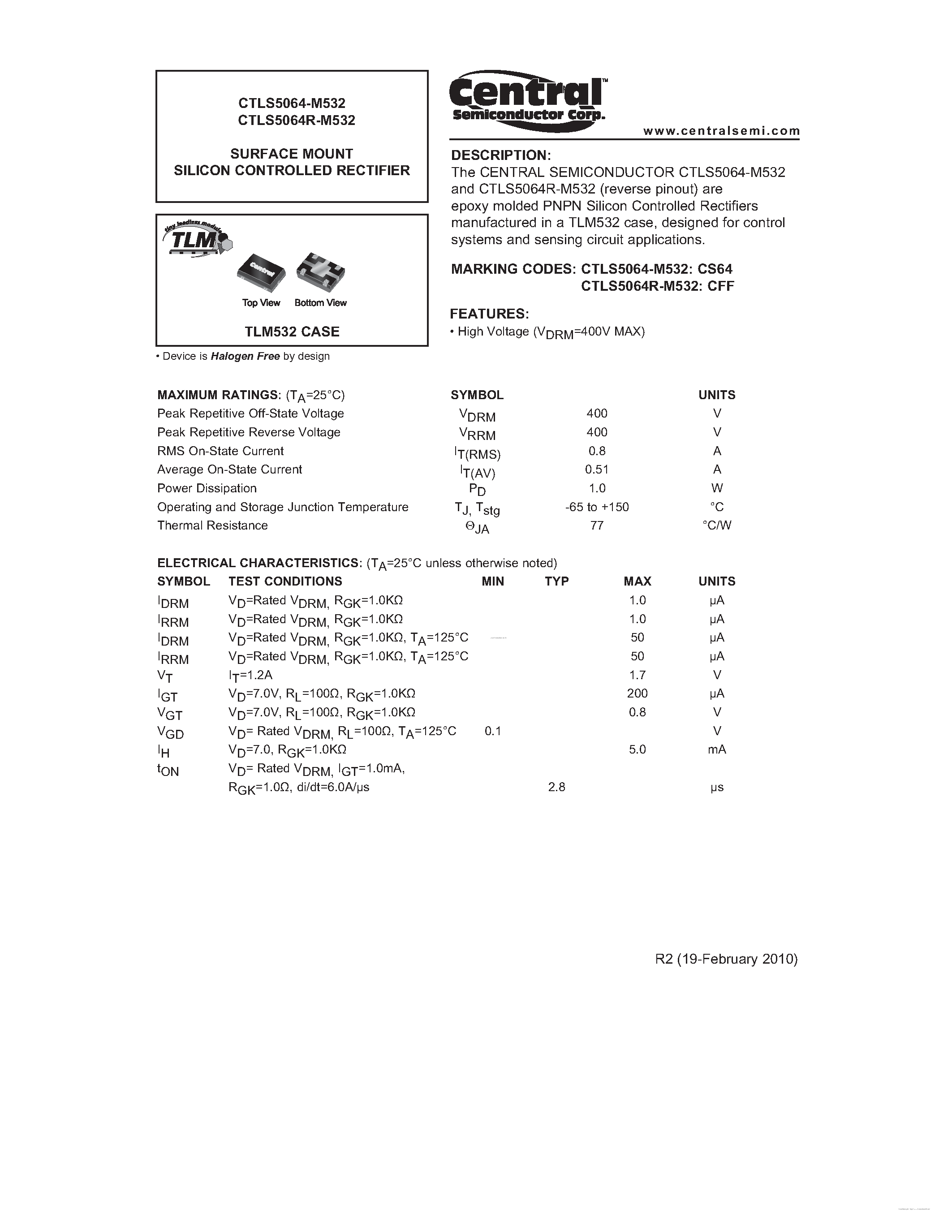 Datasheet CTLS5064-M532 page 1 Datasheet CTLS5064-M532 - SURFACE MOUNT SILICON CONTROLLED RECTIFIER page 1