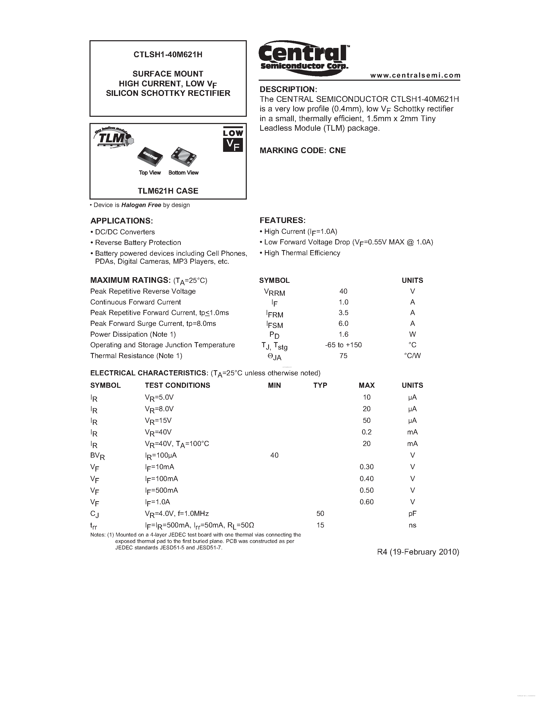Datasheet CTLSH1-40M621H - SURFACE MOUNT HIGH CURRENT LOW VF SILICON SCHOTTKY RECTIFIER page 1