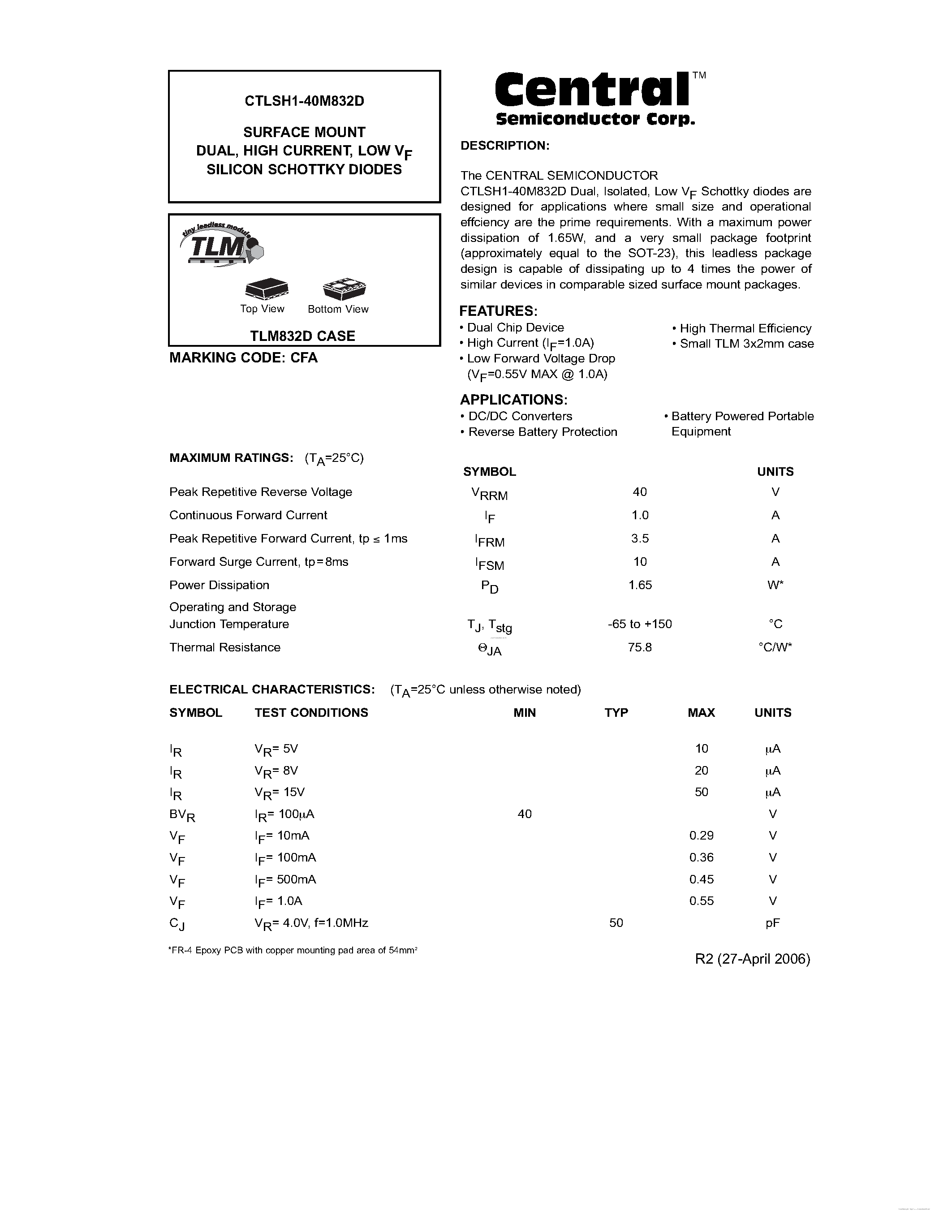 Даташит на микросхему CTLSH1-40M832D страница 1 Даташит CTLSH1-40M832D - SURFACE MOUNT DUAL HIGH CURRENT LOW VF SILICON SCHOTTKY DIODES страница 1