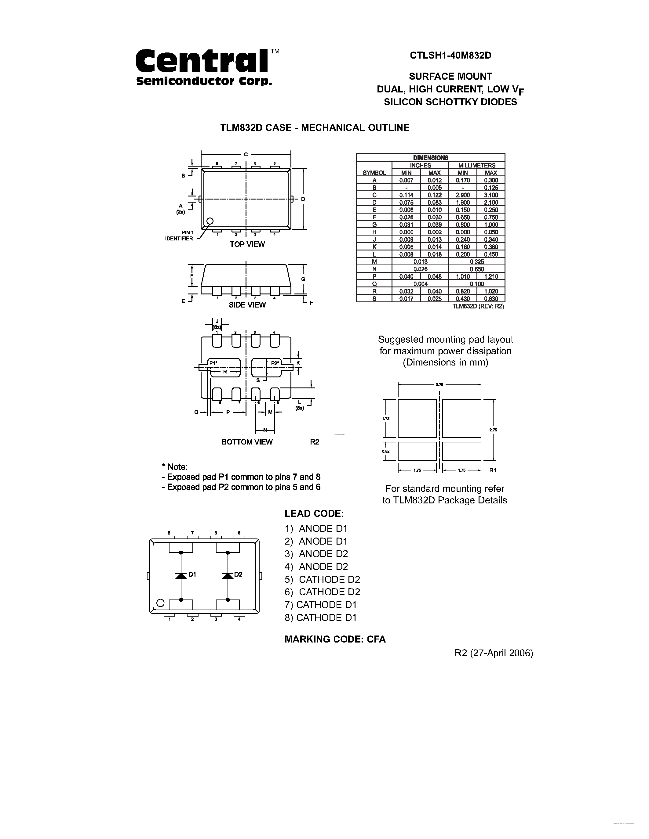 Даташит на микросхему CTLSH1-40M832D страница 2 Даташит CTLSH1-40M832D - SURFACE MOUNT DUAL HIGH CURRENT LOW VF SILICON SCHOTTKY DIODES страница 2
