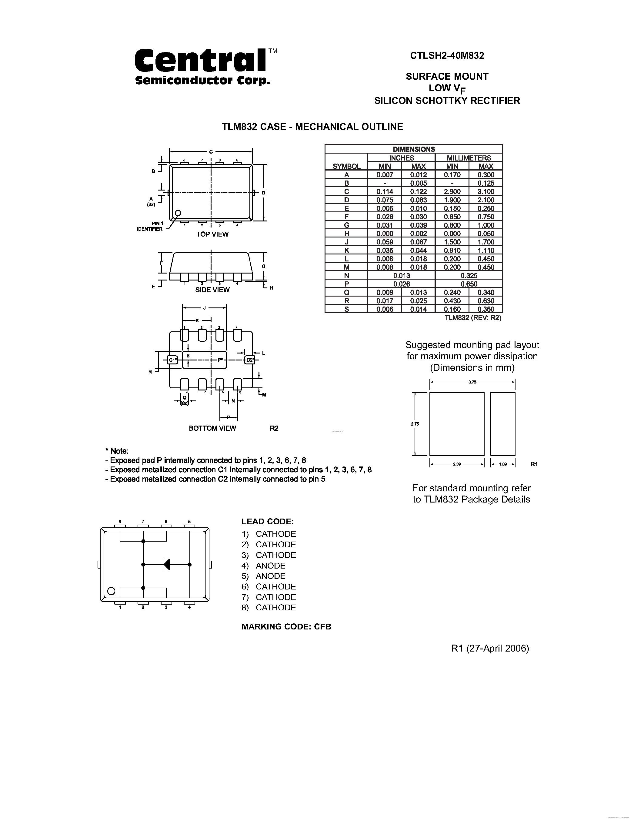 Datasheet CTLSH2-40M832 page 2 Datasheet CTLSH2-40M832 - SURFACE MOUNT LOW VF SILICON SCHOTTKY RECTIFIER page 2