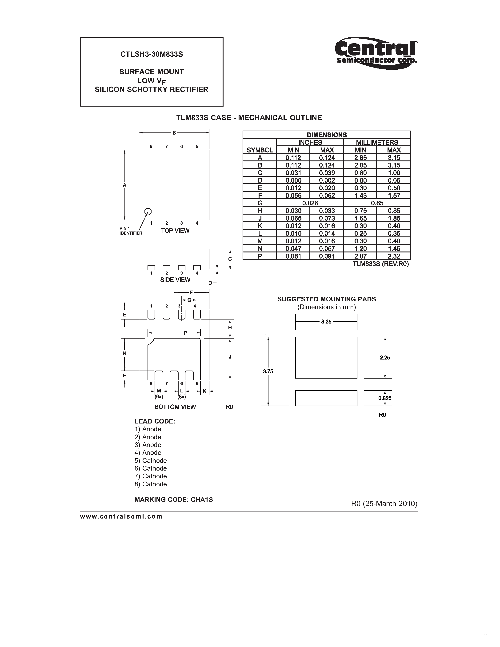 Datasheet CTLSH3-30M833S page 2 Datasheet CTLSH3-30M833S - SURFACE MOUNT LOW VF SILICON SCHOTTKY RECTIFIER page 2