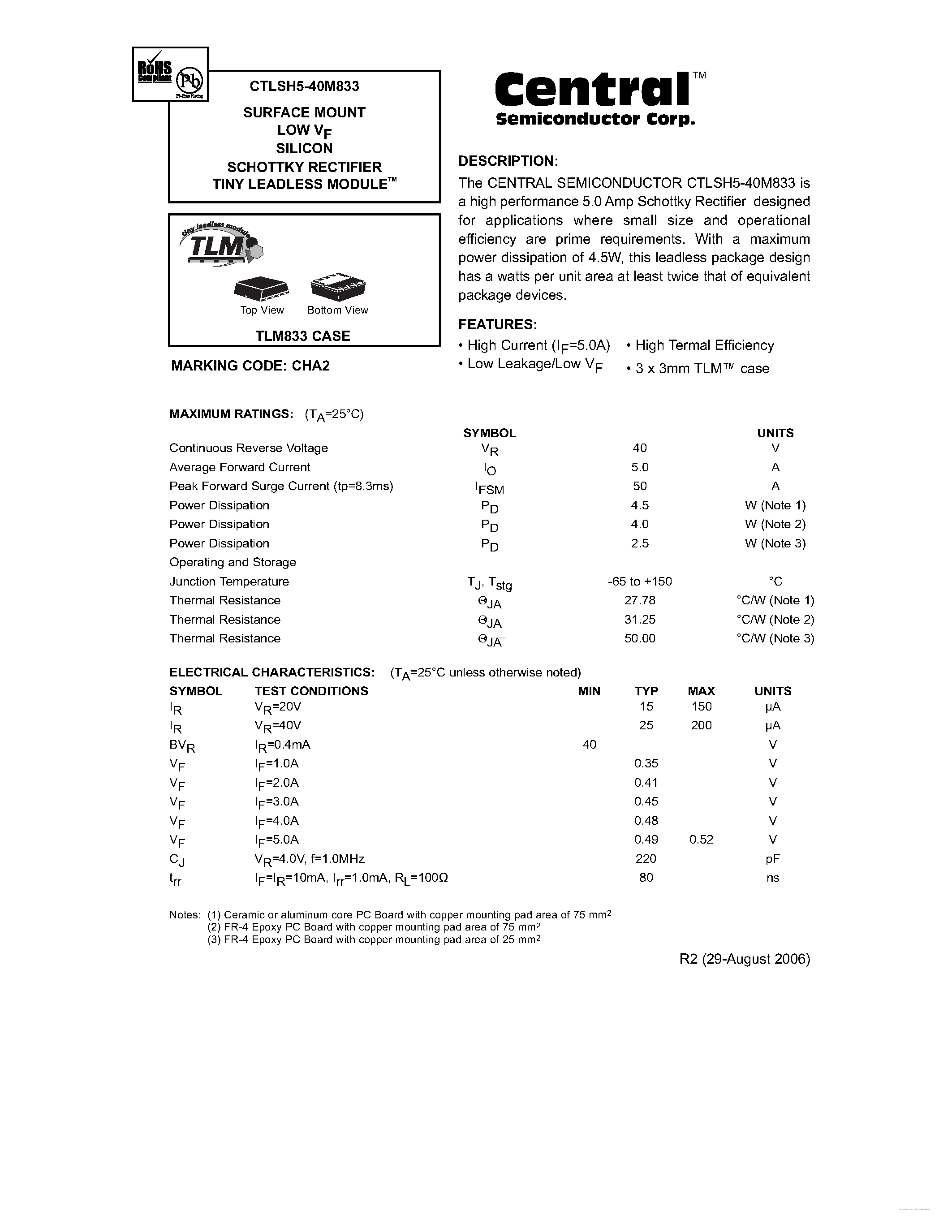 Datasheet CTLSH5-40M833 page 1 Datasheet CTLSH5-40M833 - SURFACE MOUNT LOW VF SILICON SCHOTTKY RECTIFIER TINY LEADLESS MODULETM page 1