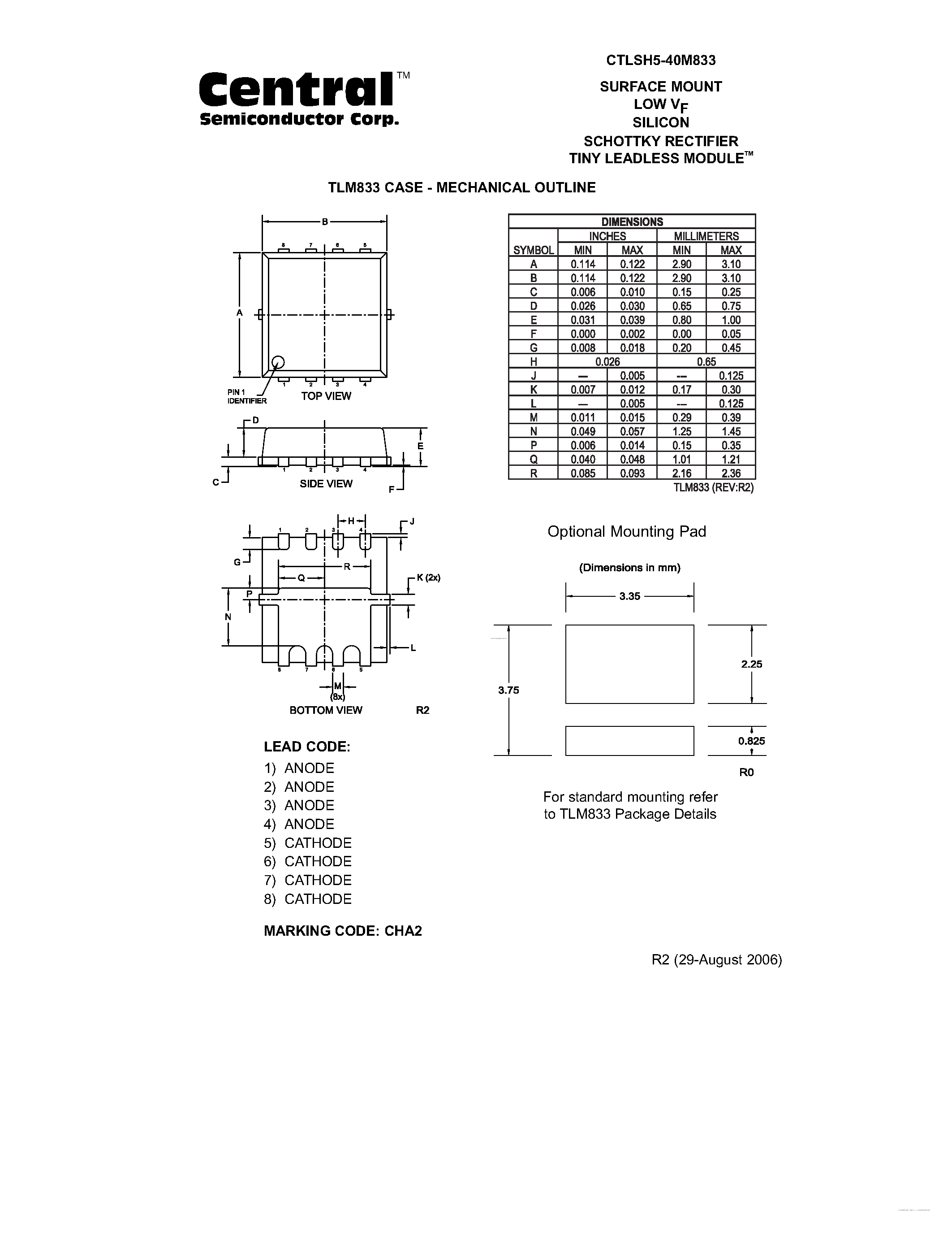 Datasheet CTLSH5-40M833 page 2 Datasheet CTLSH5-40M833 - SURFACE MOUNT LOW VF SILICON SCHOTTKY RECTIFIER TINY LEADLESS MODULETM page 2