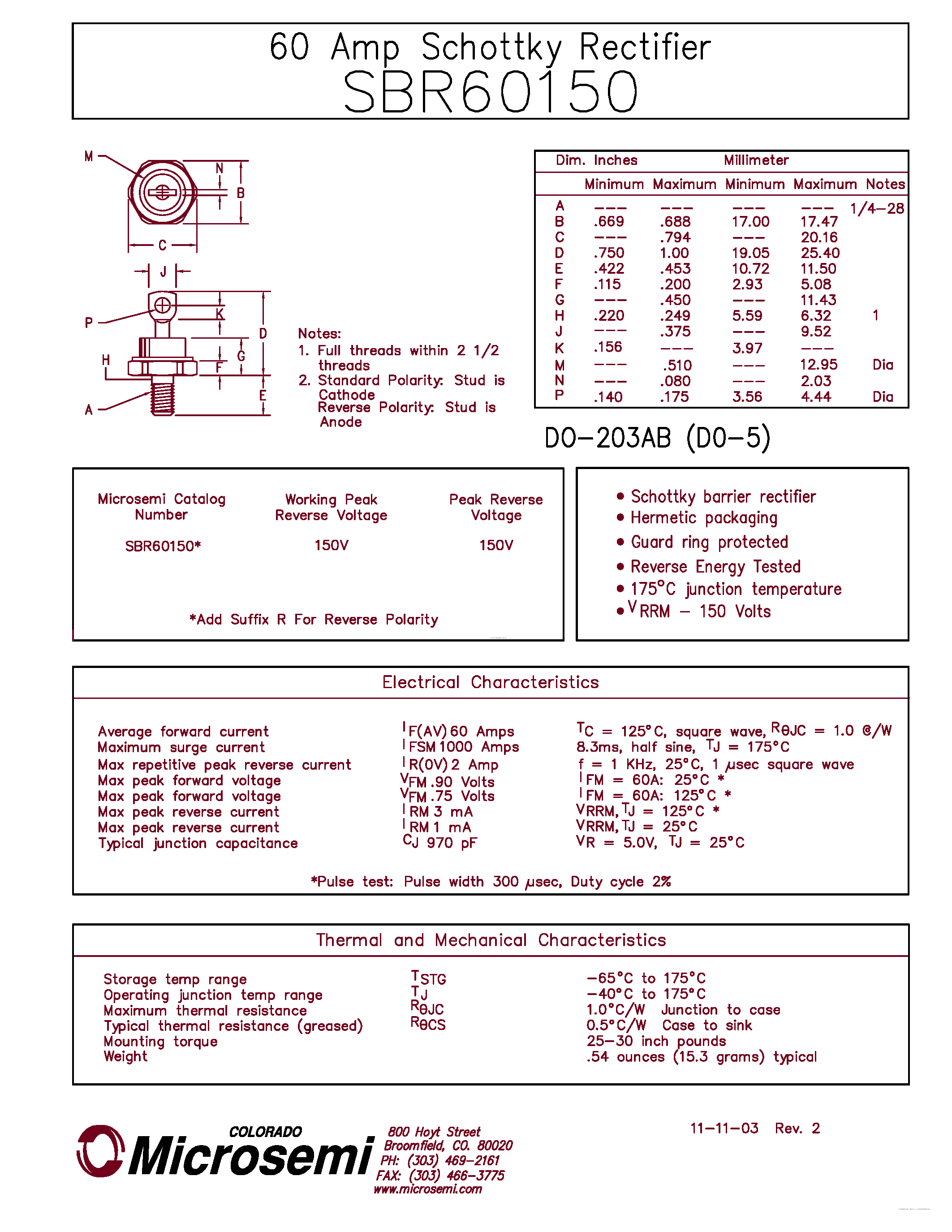Datasheet SBR60150 page 1 Datasheet SBR60150 - 60 AMP SCHOTTKY RECTIFIER page 1