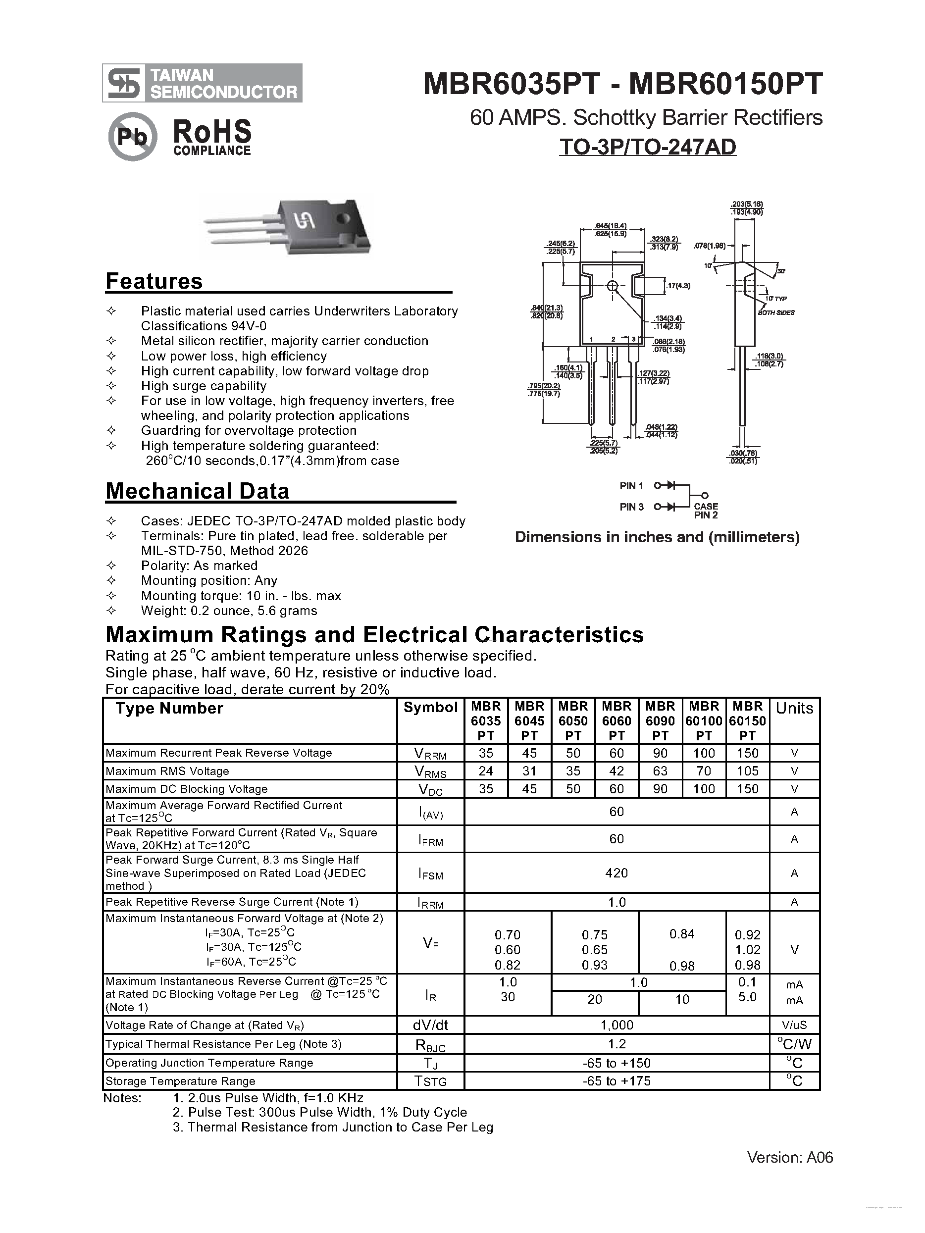 Datasheet MBR60150PT page 1 Datasheet MBR60150PT - (MBR6035PT - MBR60150PT) Schottky Barrier Rectifiers page 1