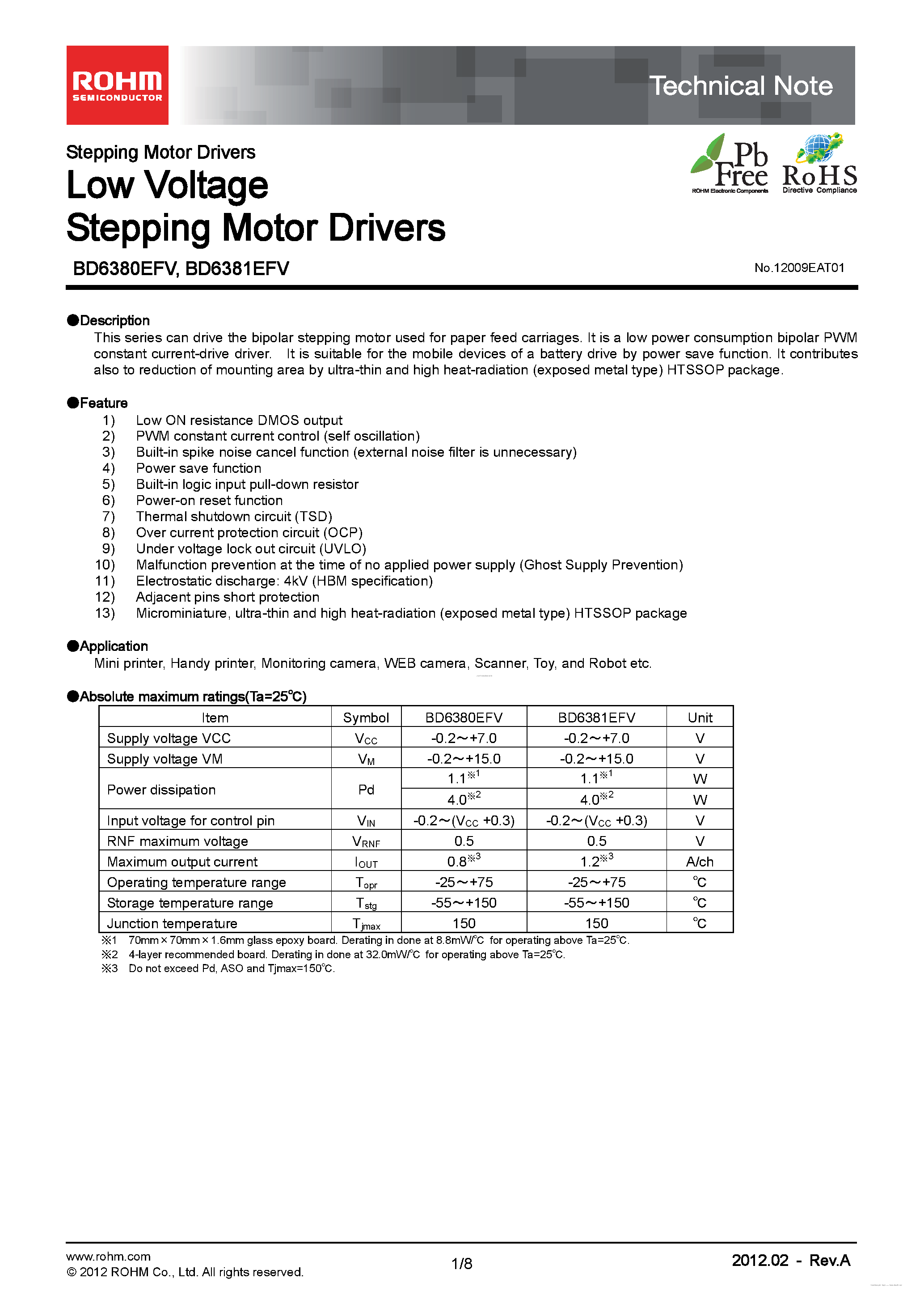 Даташит BD6381EFV - (BD6380EFV / BD6381EFV) Low Voltage Stepping Motor Drivers страница 1