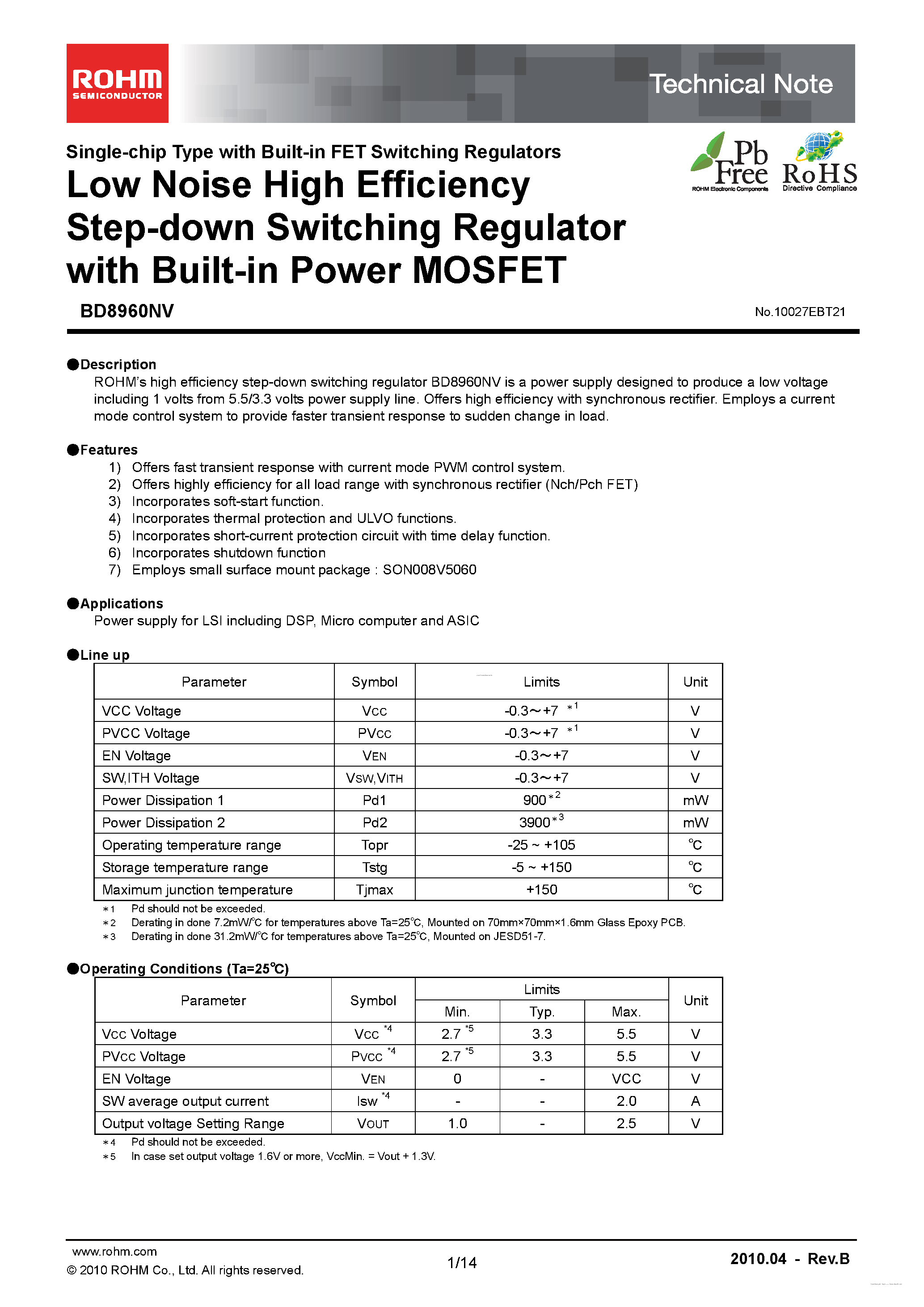 Даташит на микросхему BD8960NV страница 1 Даташит BD8960NV - Low Noise High Efficiency Step-down Switching Regulator страница 1
