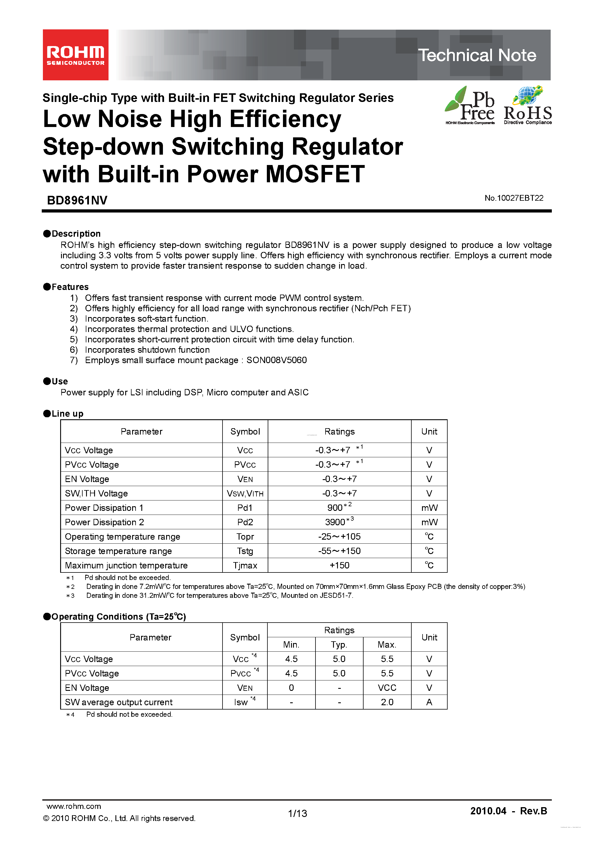 Даташит на микросхему BD8961NV страница 1 Даташит BD8961NV - Low Noise High Efficiency Step-down Switching Regulator страница 1