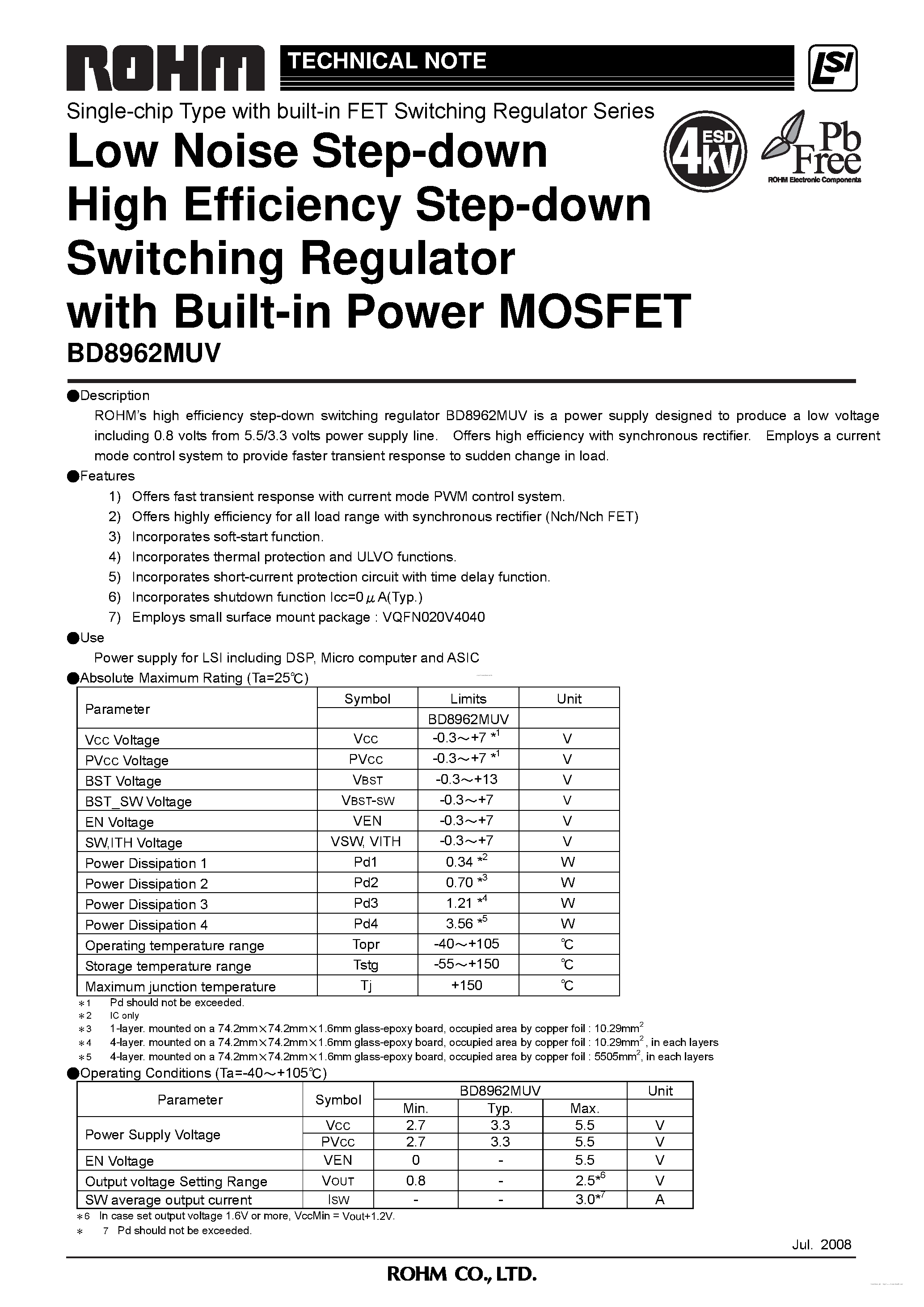 Даташит на микросхему BD8962MUV страница 1 Даташит BD8962MUV - Low Noise Step-down High Efficiency Step-down Switching Regulator страница 1