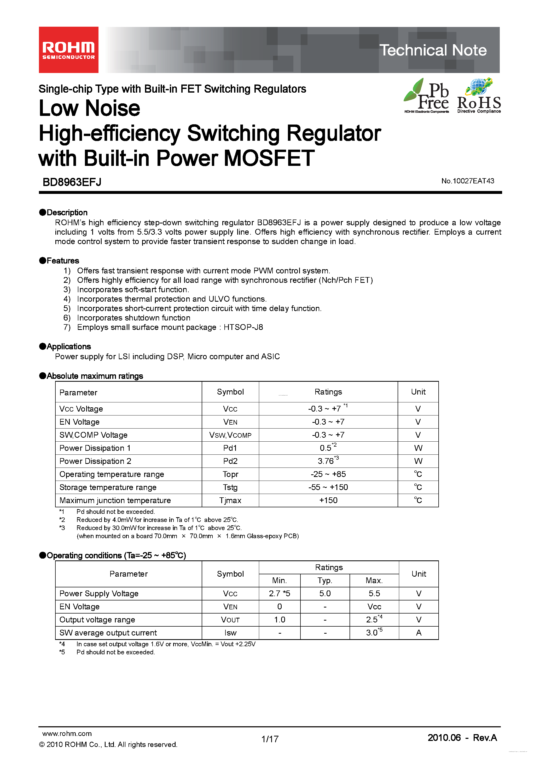 Даташит на микросхему BD8963EFJ страница 1 Даташит BD8963EFJ - Low Noise High-efficiency Switching Regulator страница 1
