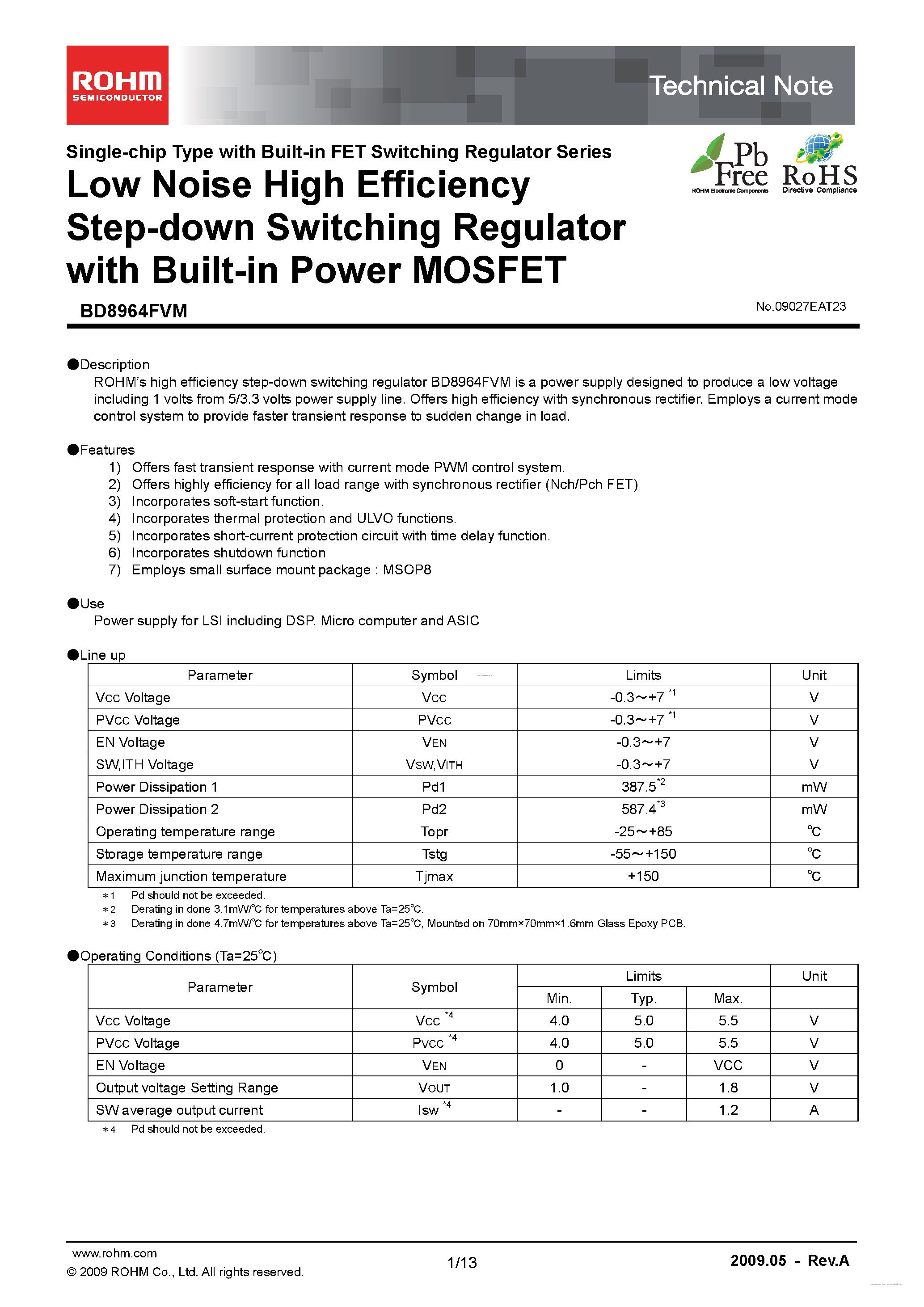 Даташит на микросхему BD8964FVM страница 1 Даташит BD8964FVM - Low Noise High Efficiency Step-down Switching Regulator страница 1
