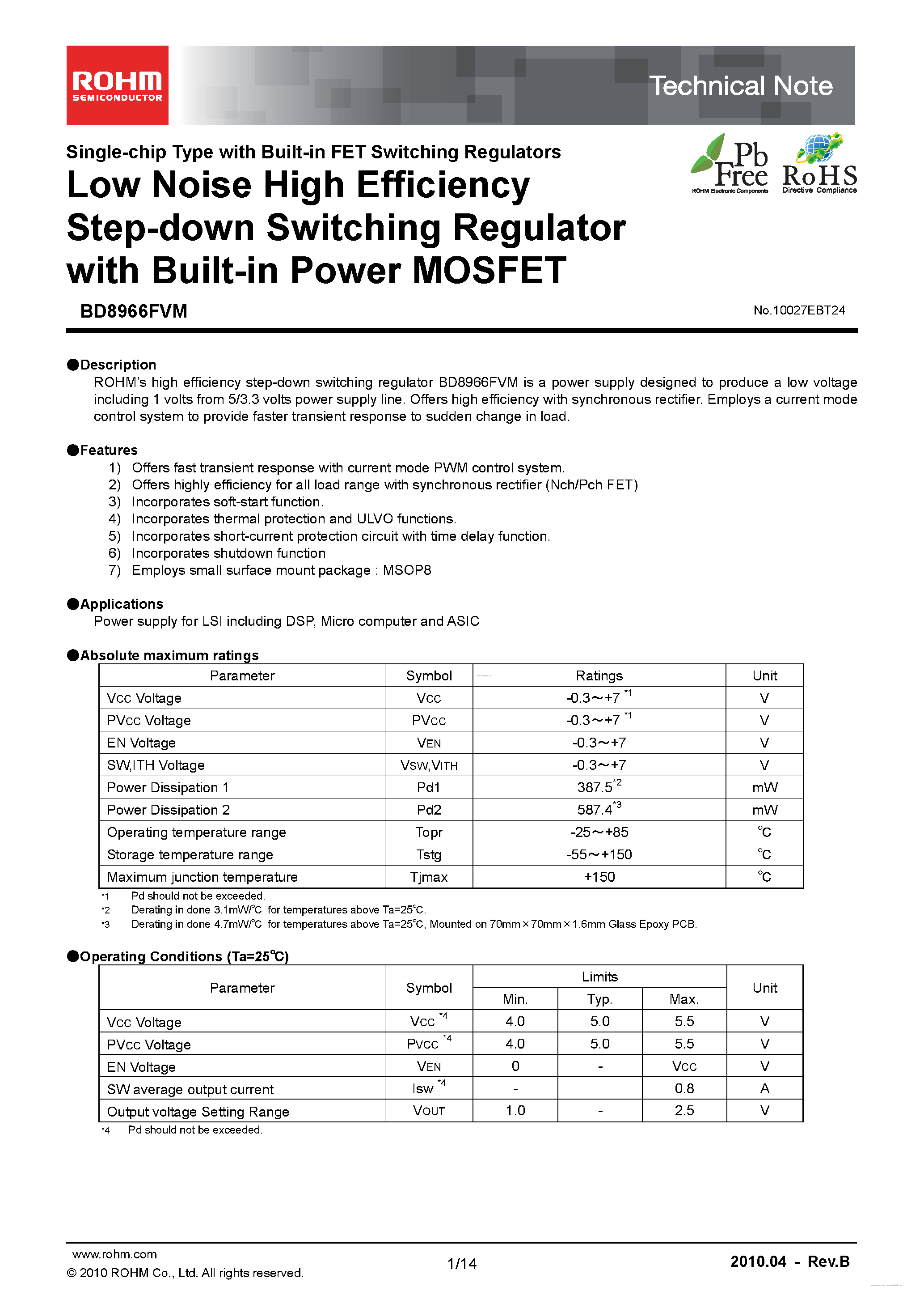 Даташит на микросхему BD8966FVM страница 1 Даташит BD8966FVM - Low Noise High Efficiency Step-down Switching Regulator страница 1