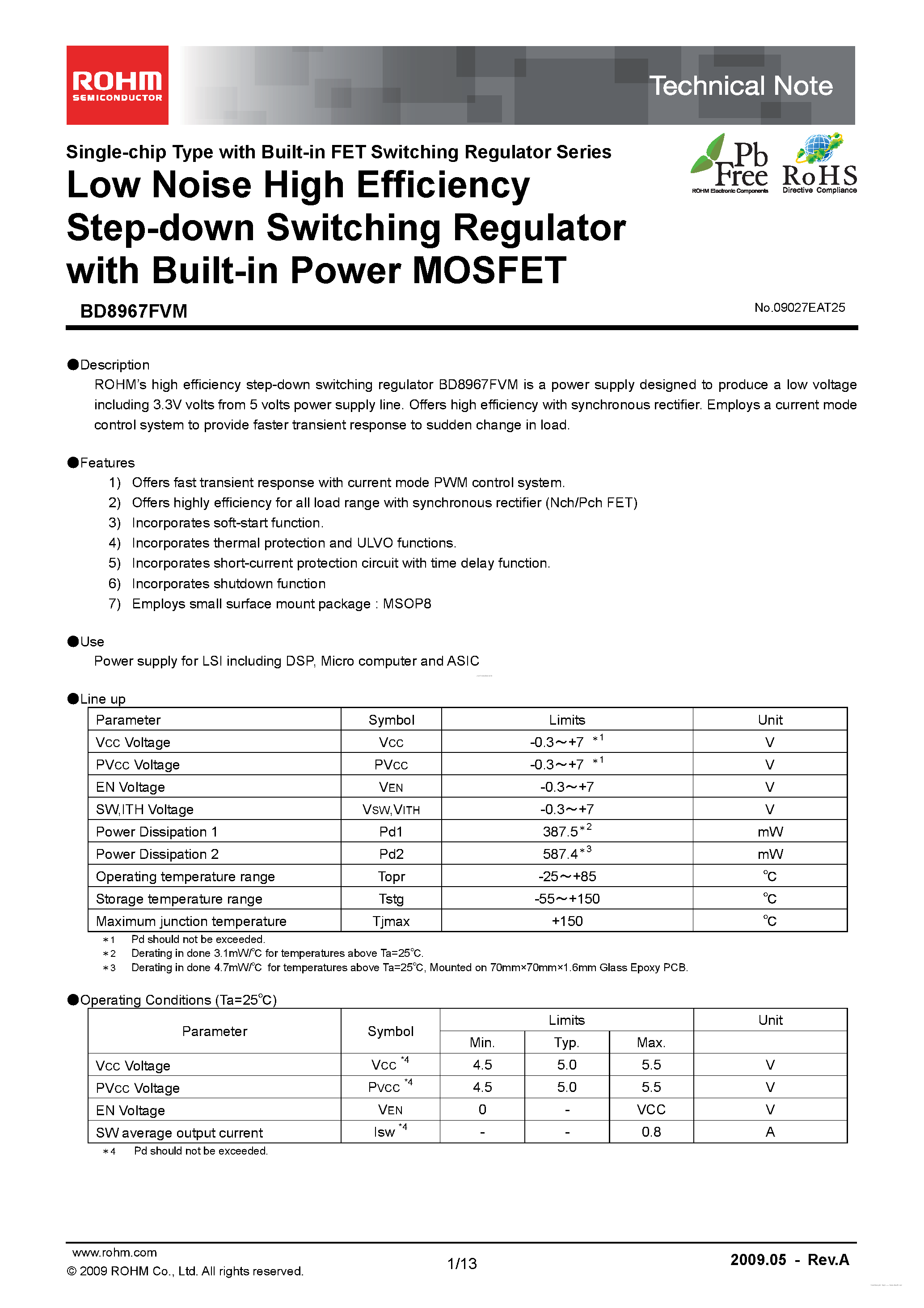 Даташит на микросхему BD8967FVM страница 1 Даташит BD8967FVM - Low Noise High Efficiency Step-down Switching Regulator страница 1