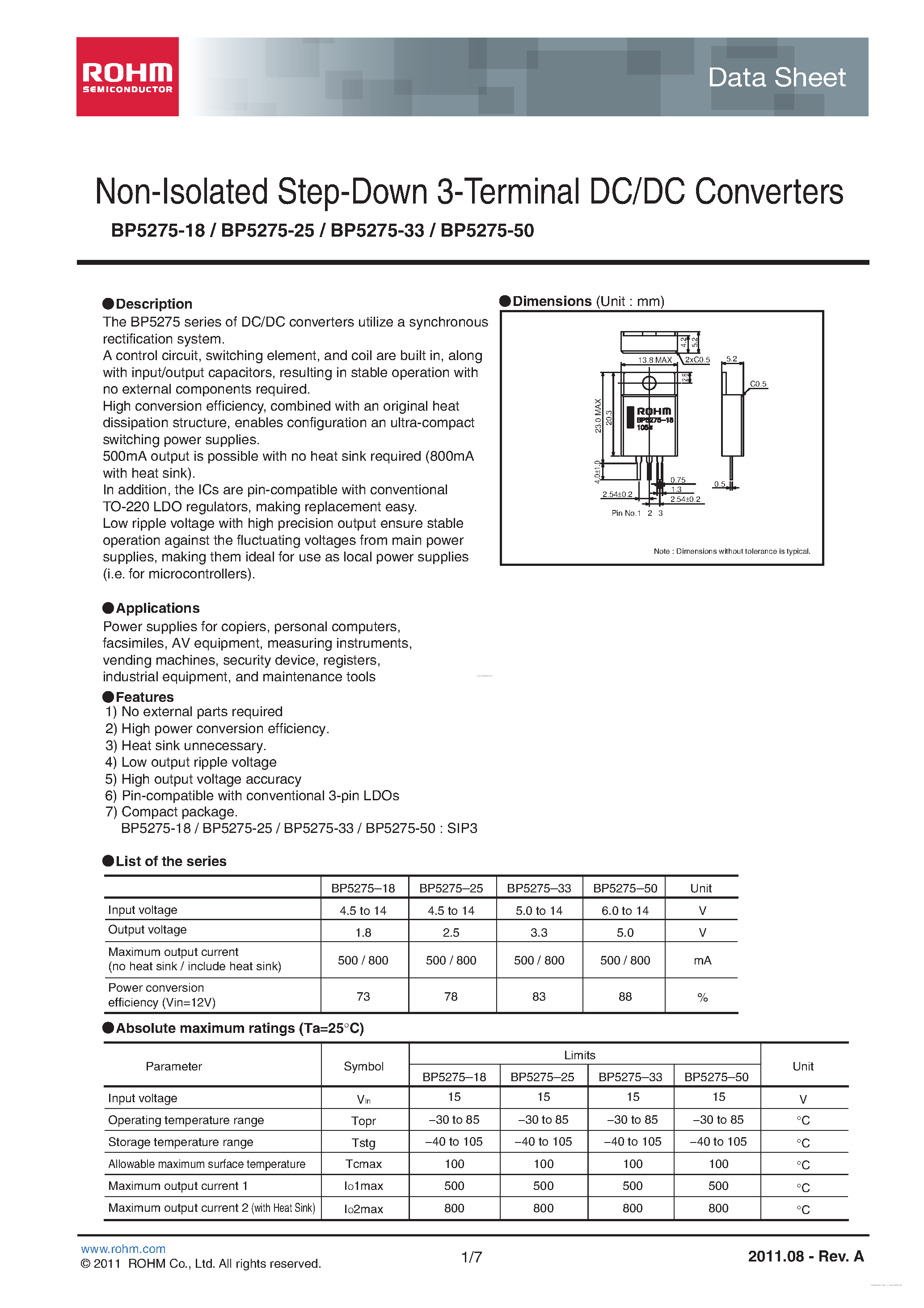 Datasheet BP5275-18 page 1 Datasheet BP5275-18 - (BP5275-xx) Non-Isolated Step-Down 3-Terminal DC/DC Converters page 1