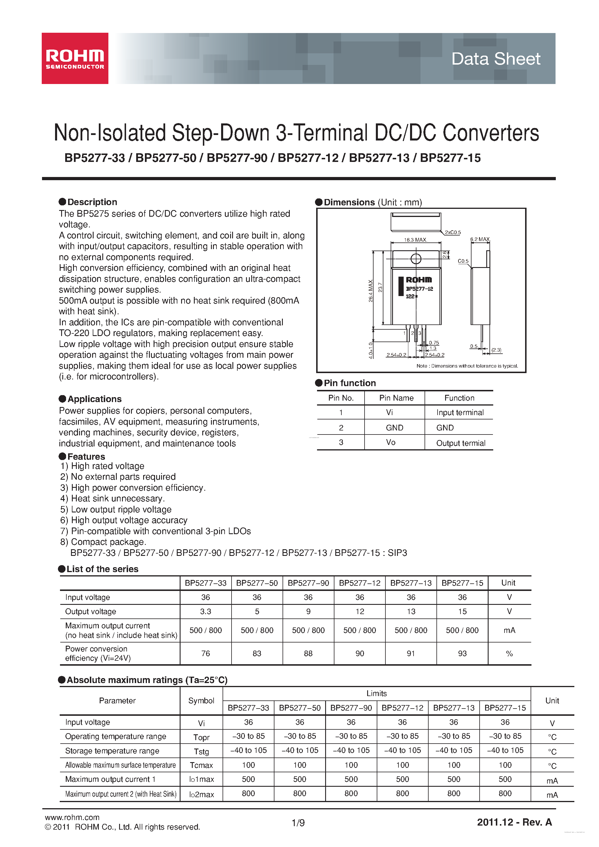 Datasheet BP5277-12 page 1 Datasheet BP5277-12 - (BP5277-xx) Non-Isolated Step-Down 3-Terminal DC/DC Converters page 1
