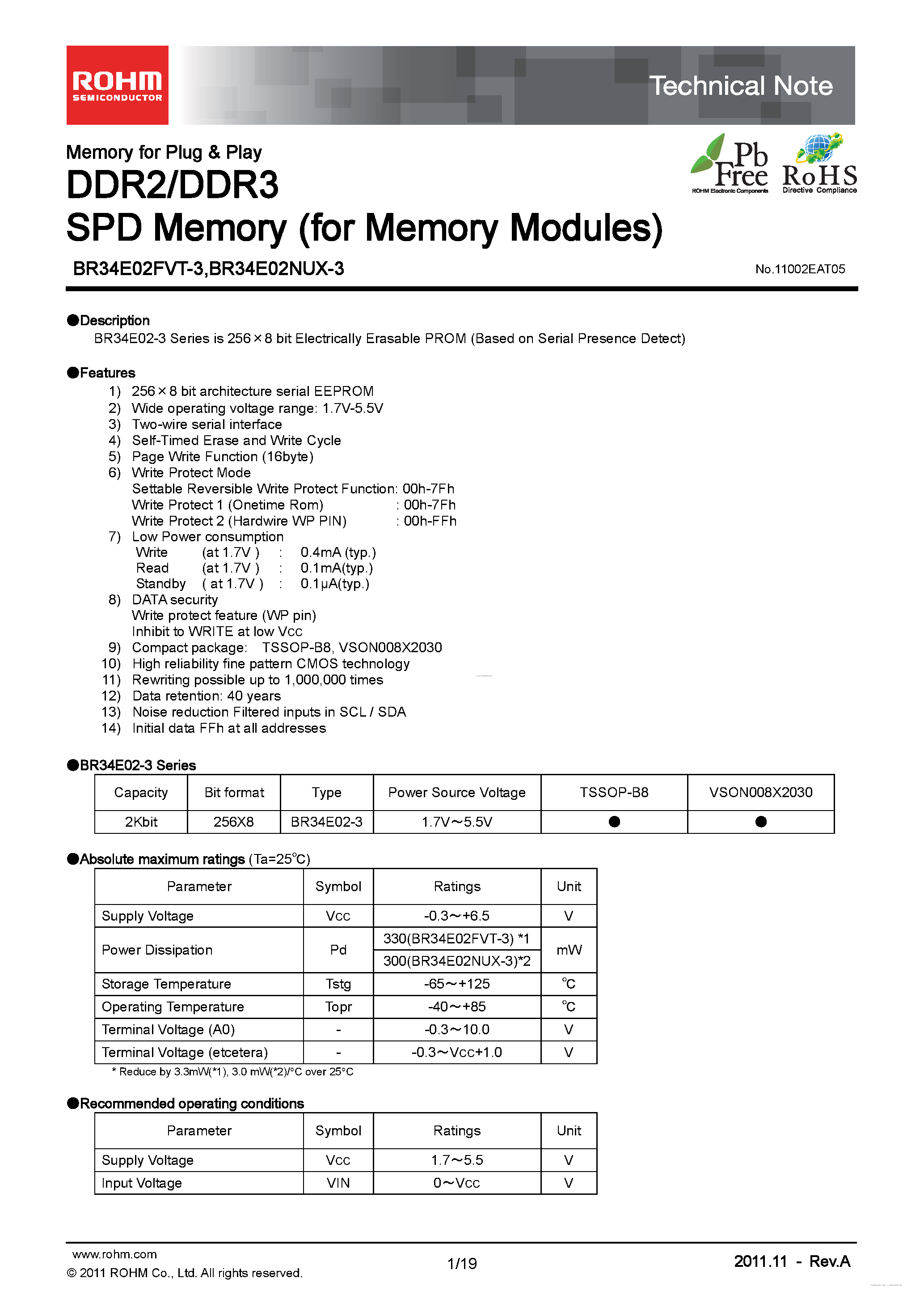 Datasheet BR34E02FVT-3 page 1 Datasheet BR34E02FVT-3 - DDR2/DDR3 SPD Memory page 1