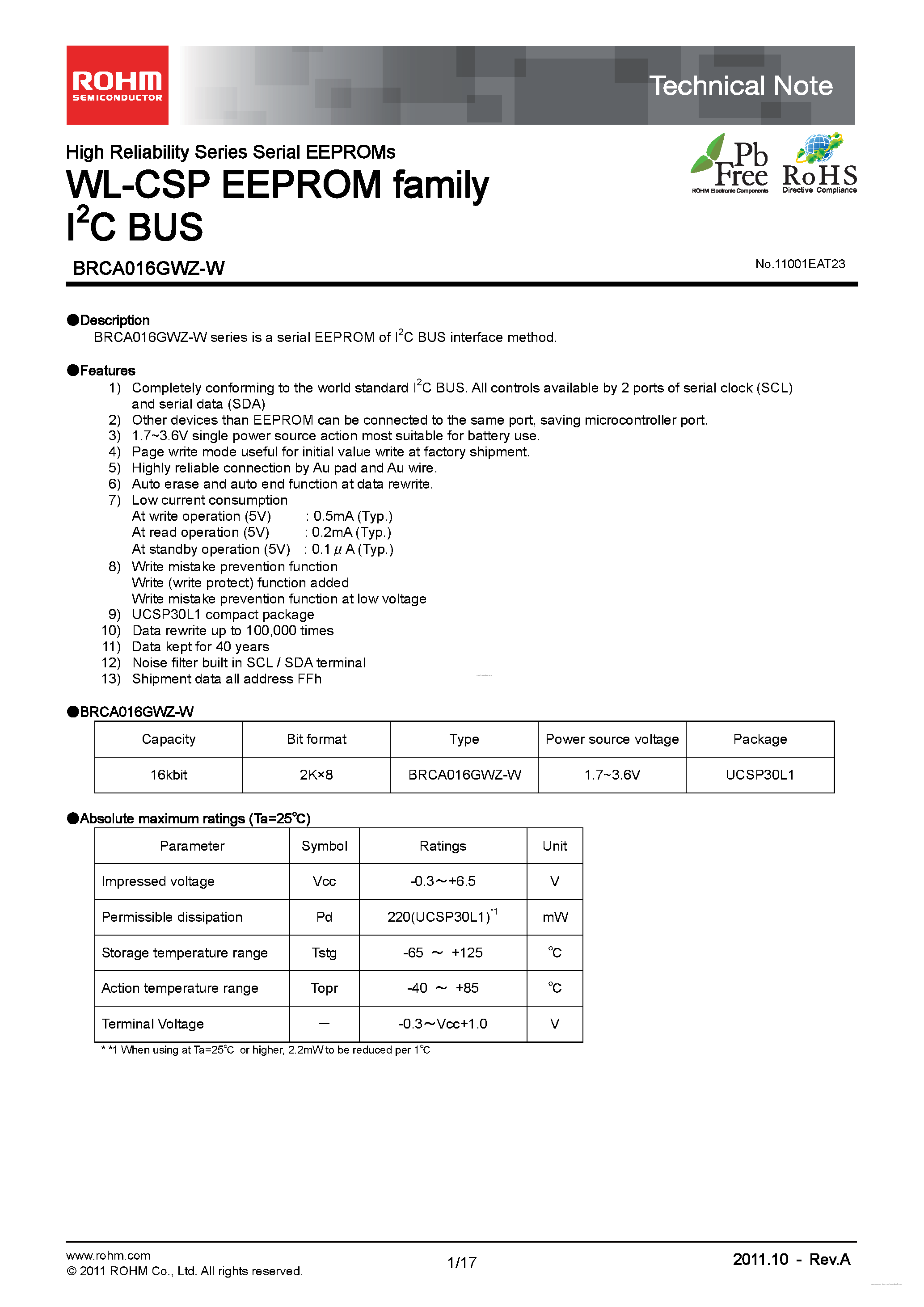 Datasheet BRCA016GWZ-W page 1 Datasheet BRCA016GWZ-W - WL-CSP EEPROM family I2C BUS page 1
