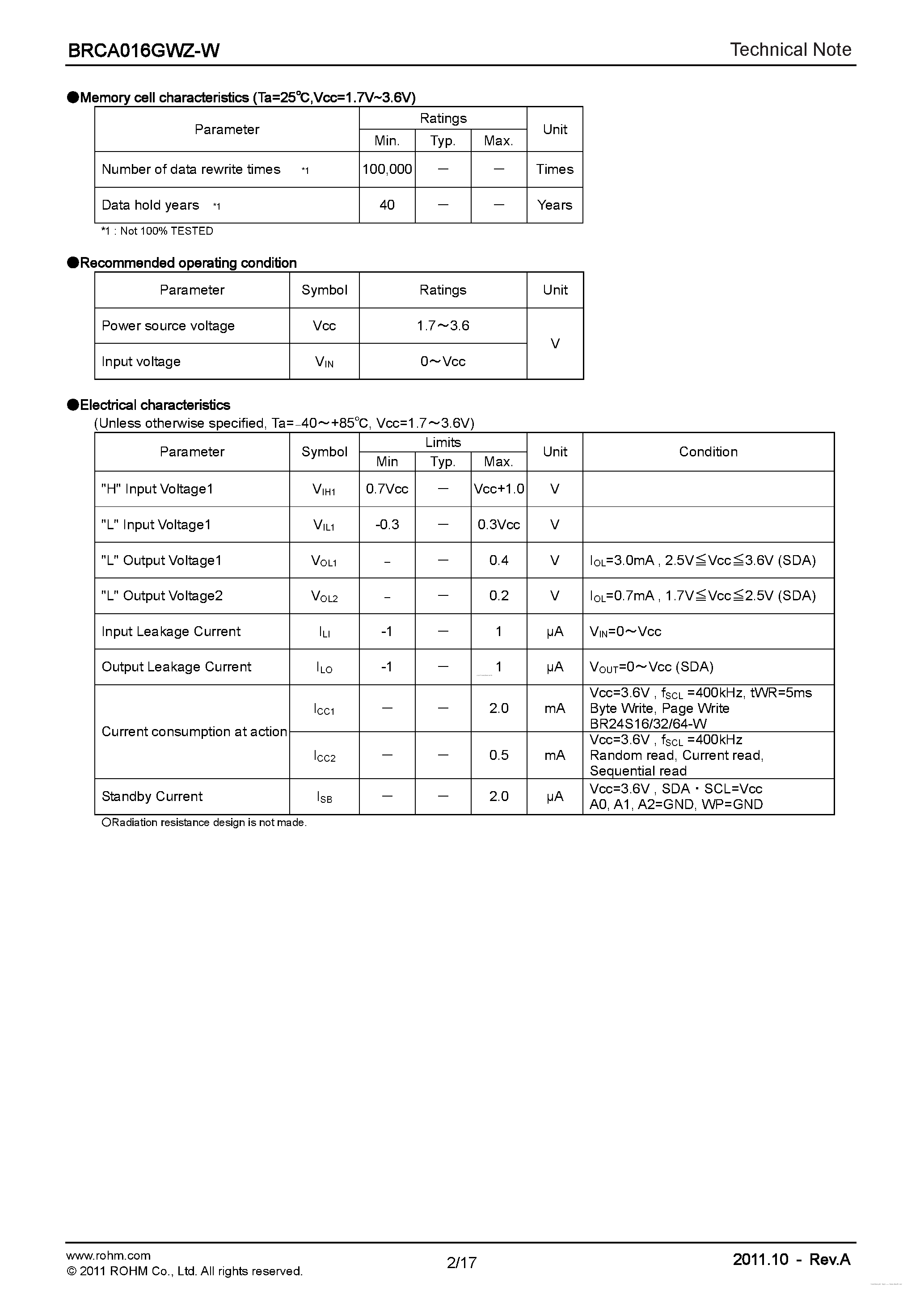 Datasheet BRCA016GWZ-W page 2 Datasheet BRCA016GWZ-W - WL-CSP EEPROM family I2C BUS page 2