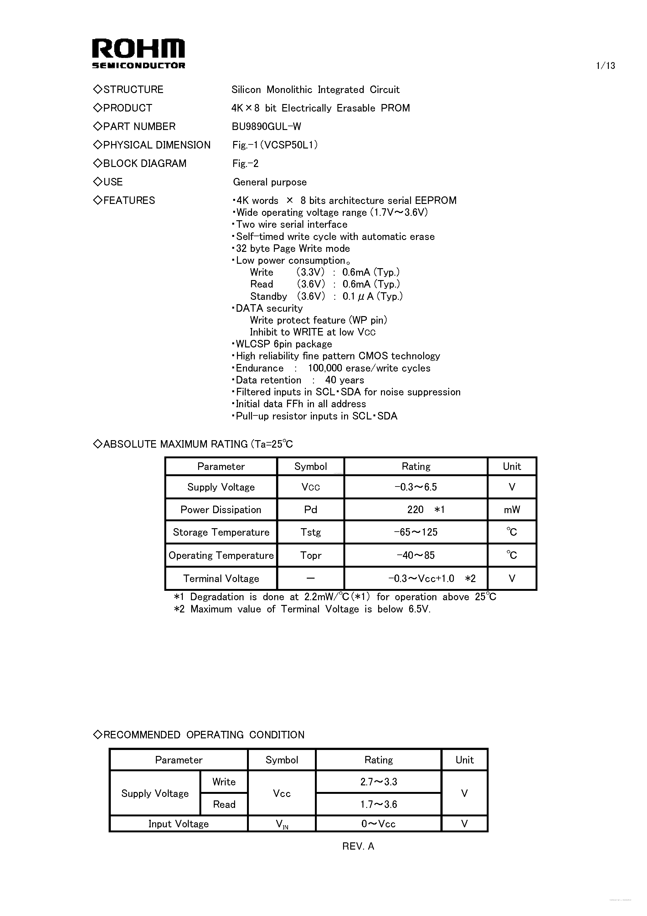 Datasheet BU9890GUL-W page 1 Datasheet BU9890GUL-W - Silicon Monolithic Integrated Circuit page 1