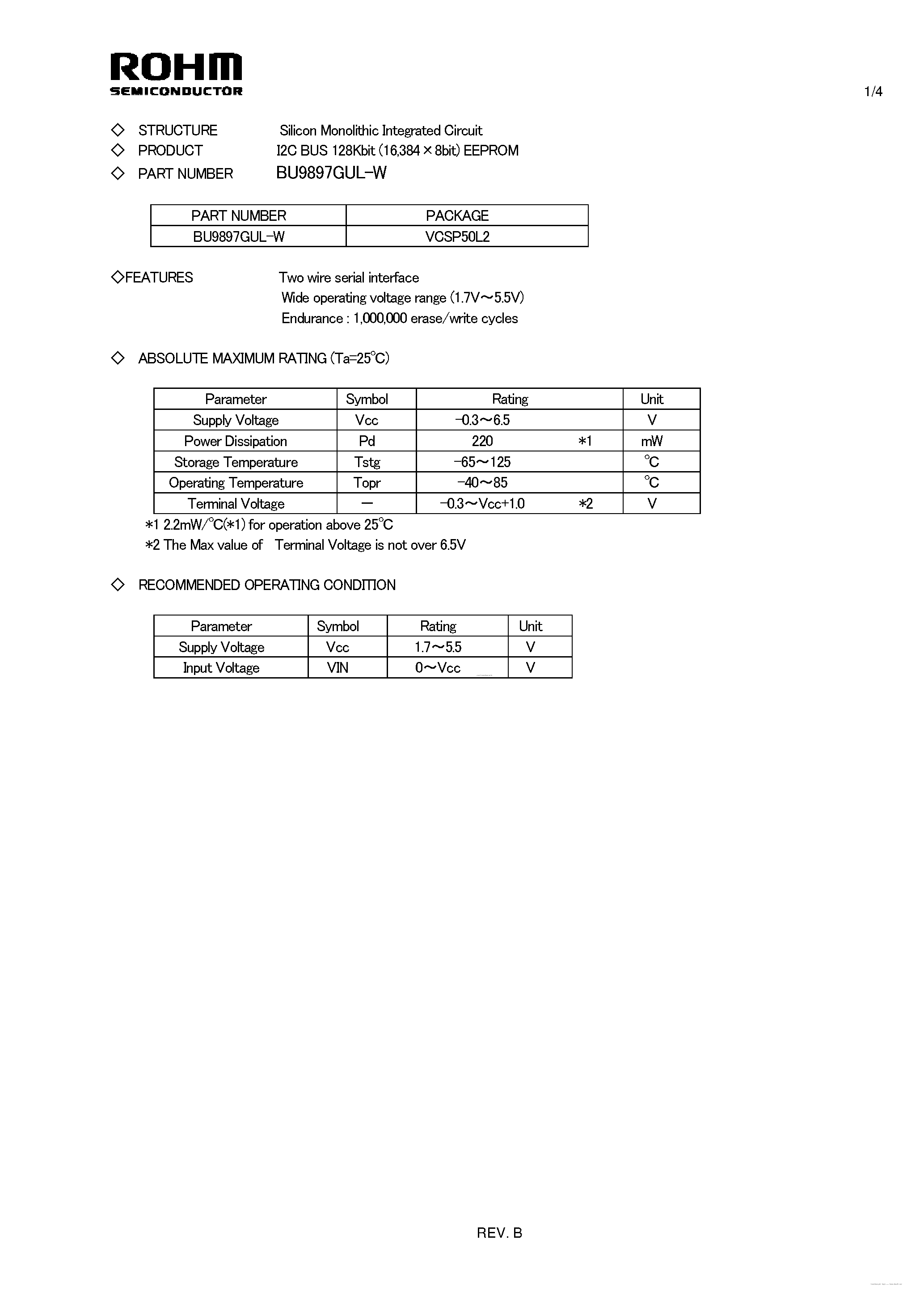 Datasheet BU9897GUL-W page 1 Datasheet BU9897GUL-W - Silicon Monolithic Integrated Circuit page 1
