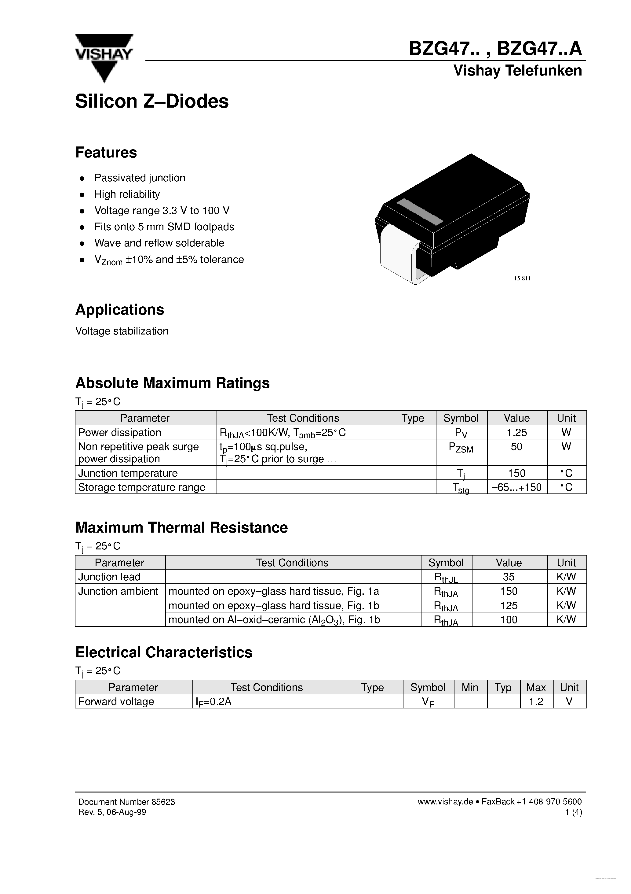 Datasheet BZG47 page 1 Datasheet BZG47 - Silicon Z-Diodes page 1
