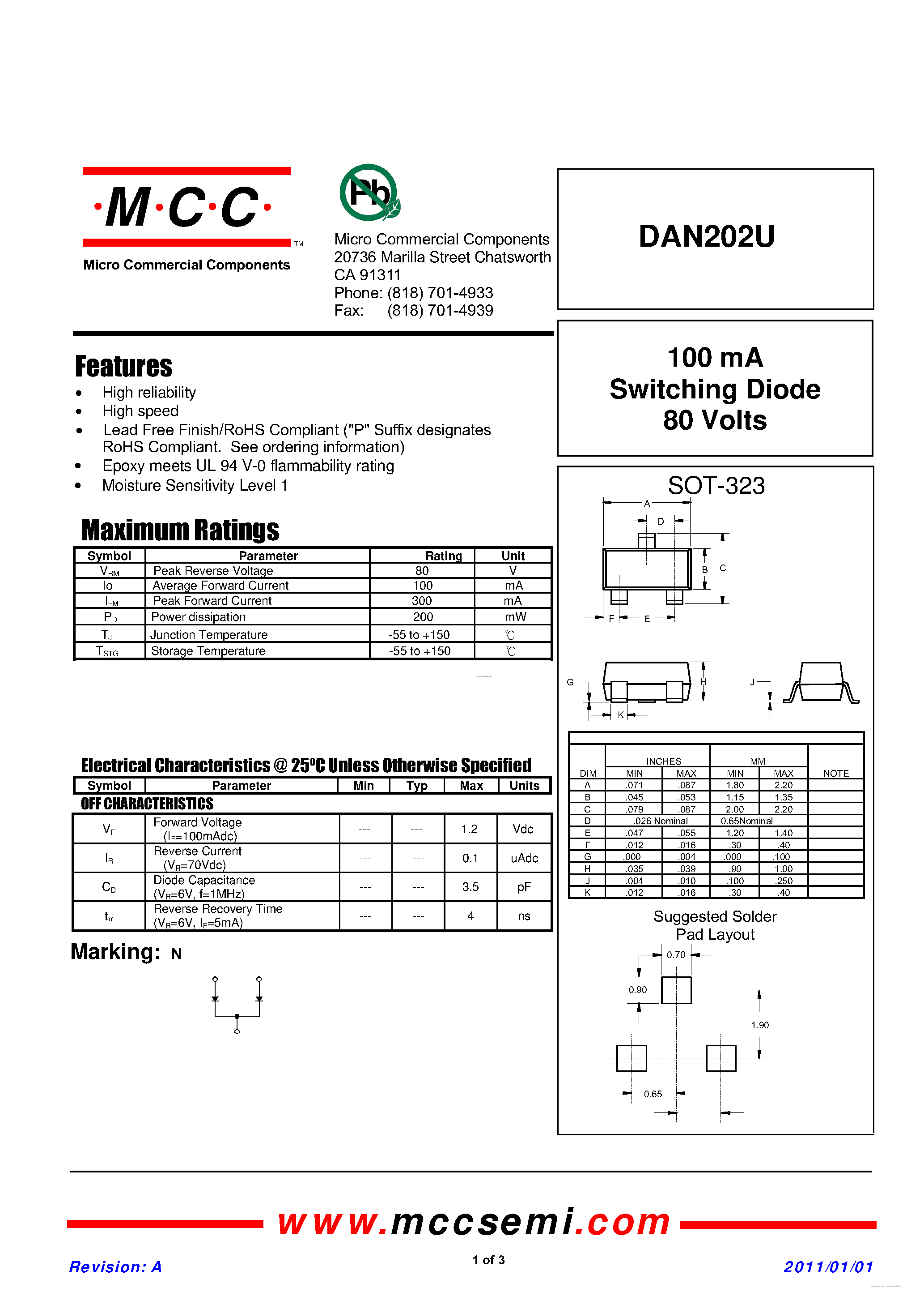 Даташит DAN202U - 100 mA Switching Diode страница 1
