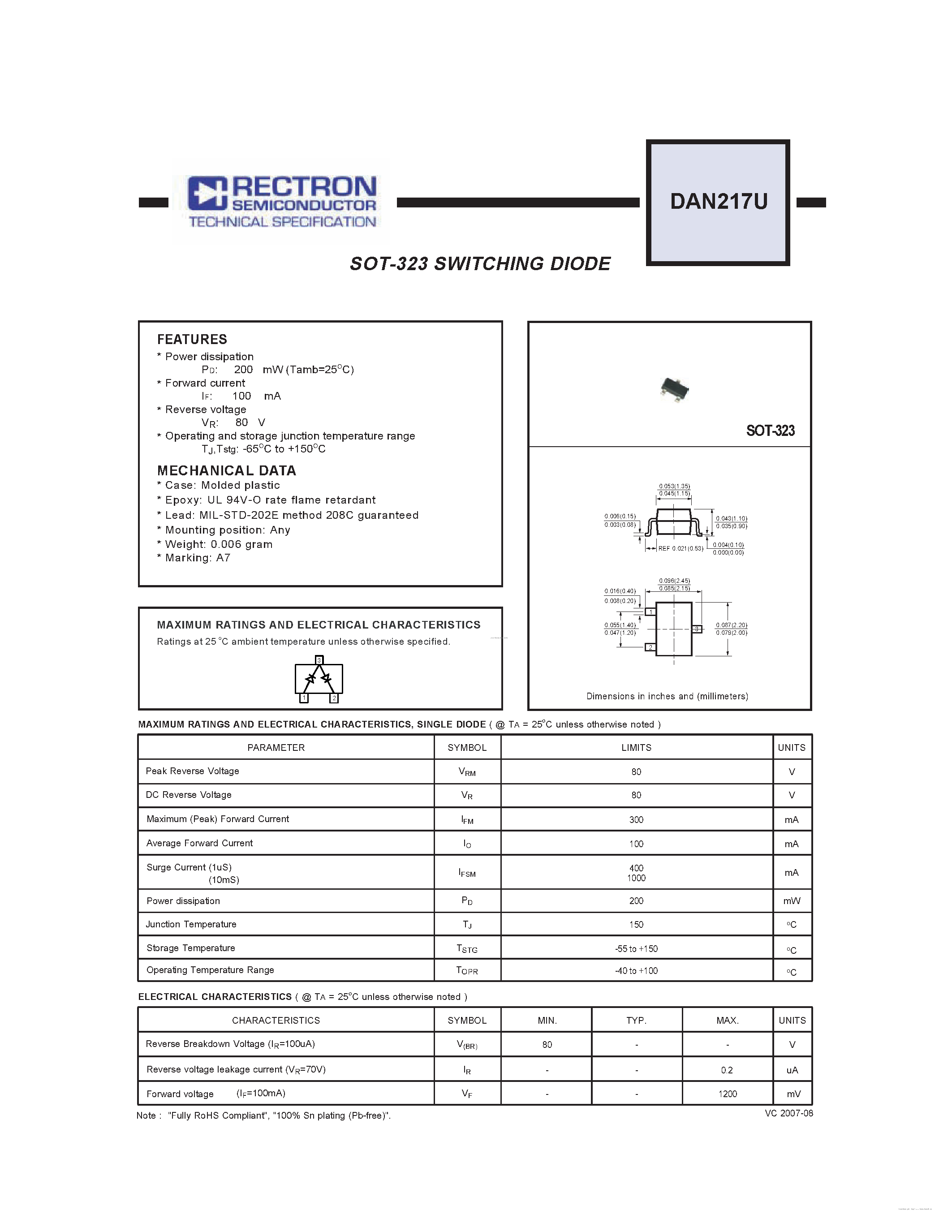 Даташит на микросхему DAN217U страница 1 Даташит DAN217U - SOT-323 SWITCHING DIODE страница 1