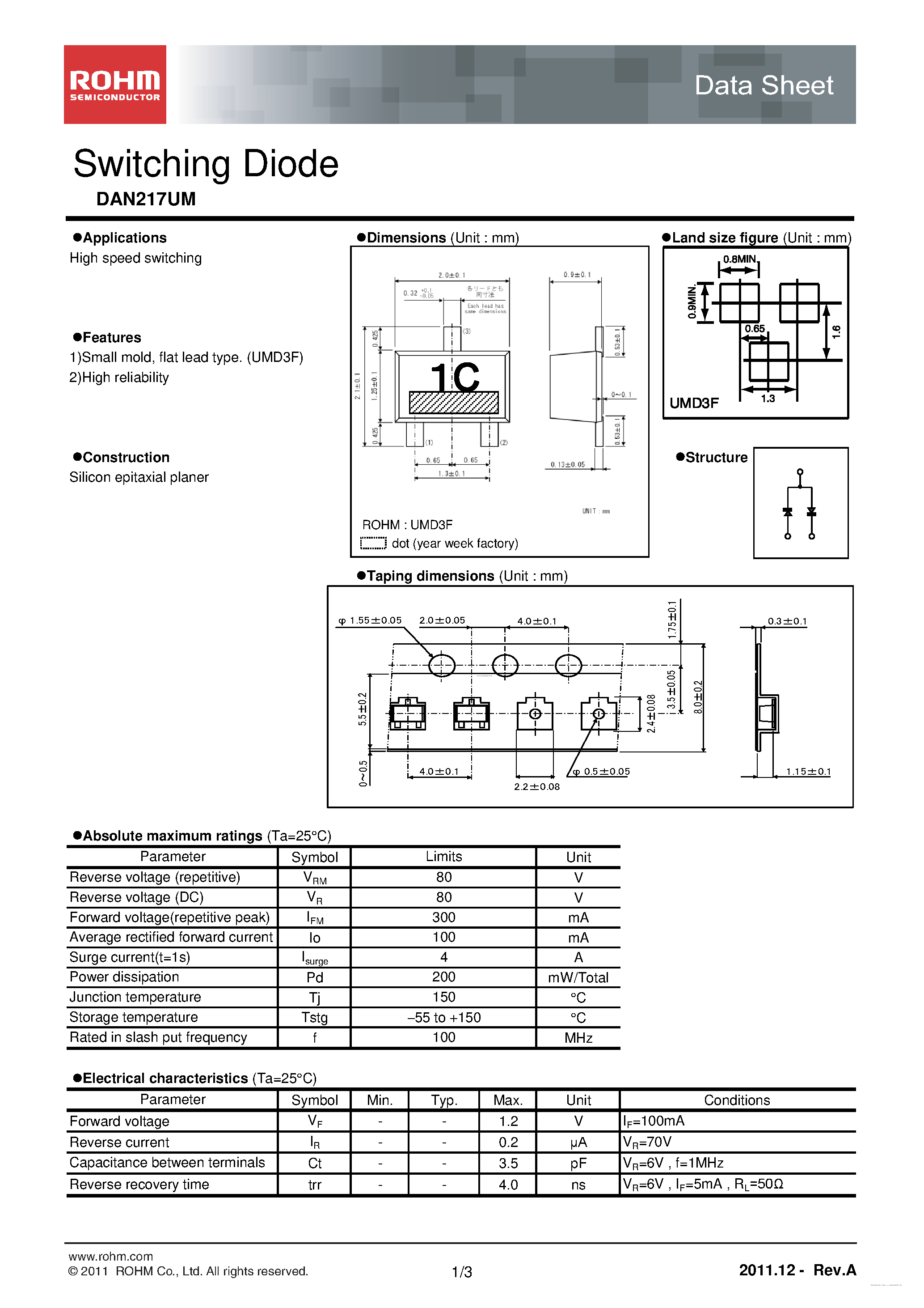 Даташит DAN217UM - Switching Diode страница 1