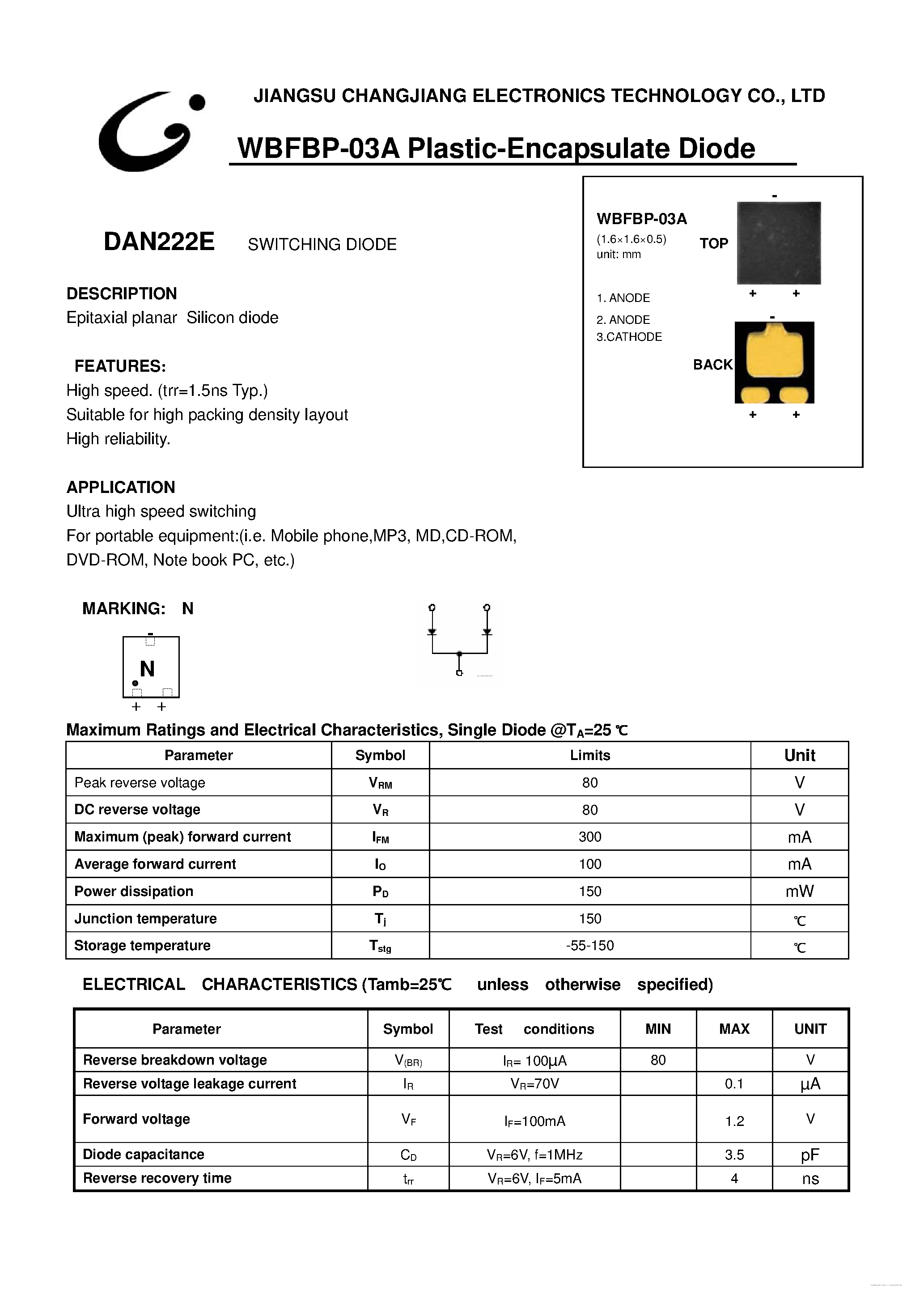 Даташит на микросхему DAN2222E страница 1 Даташит DAN2222E - SWITCHING DIODE страница 1