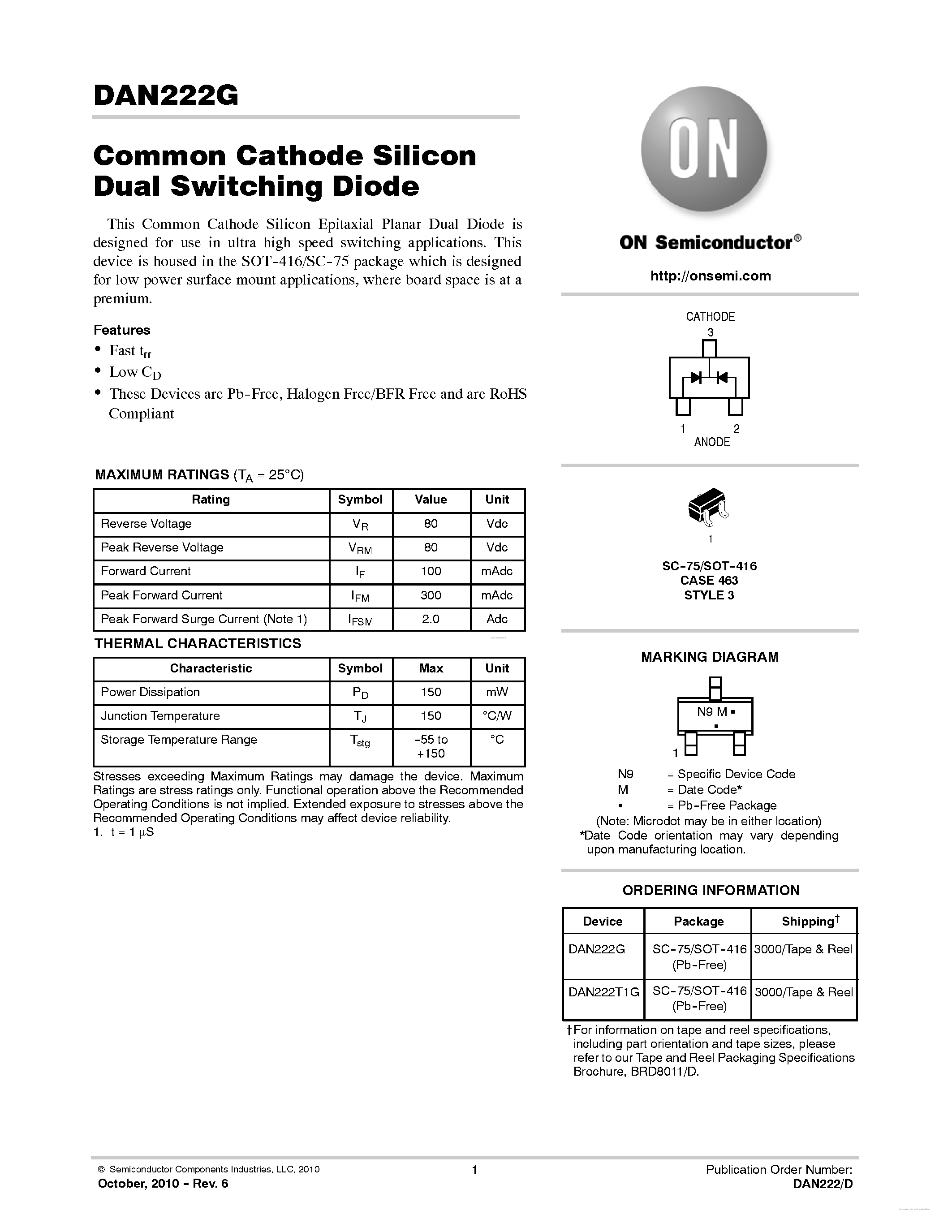 Даташит на микросхему DAN222G страница 1 Даташит DAN222G - Common Cathode Silicon Dual Switching Diode страница 1