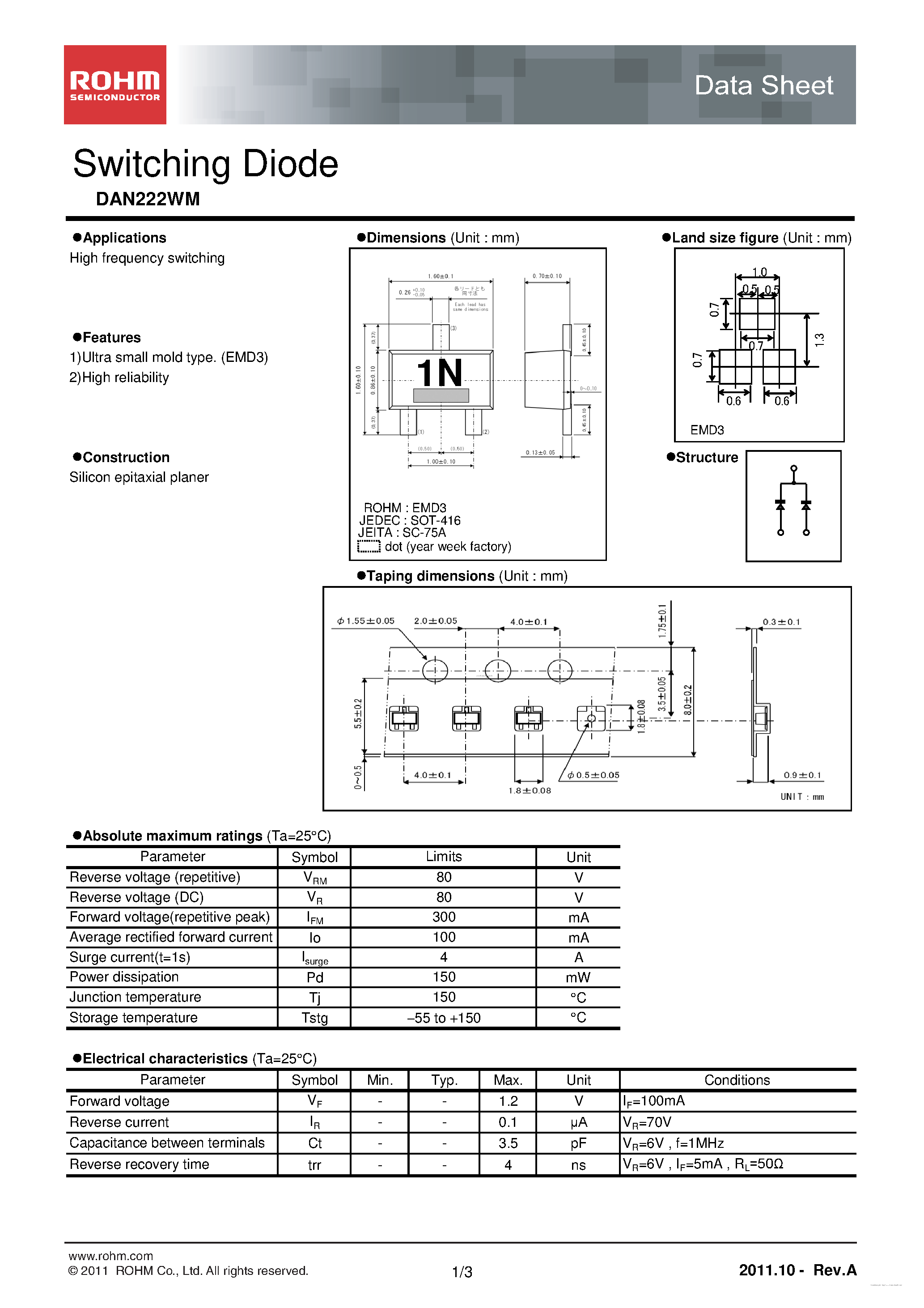 Даташит на микросхему DAN222WM страница 1 Даташит DAN222WM - Switching Diode страница 1