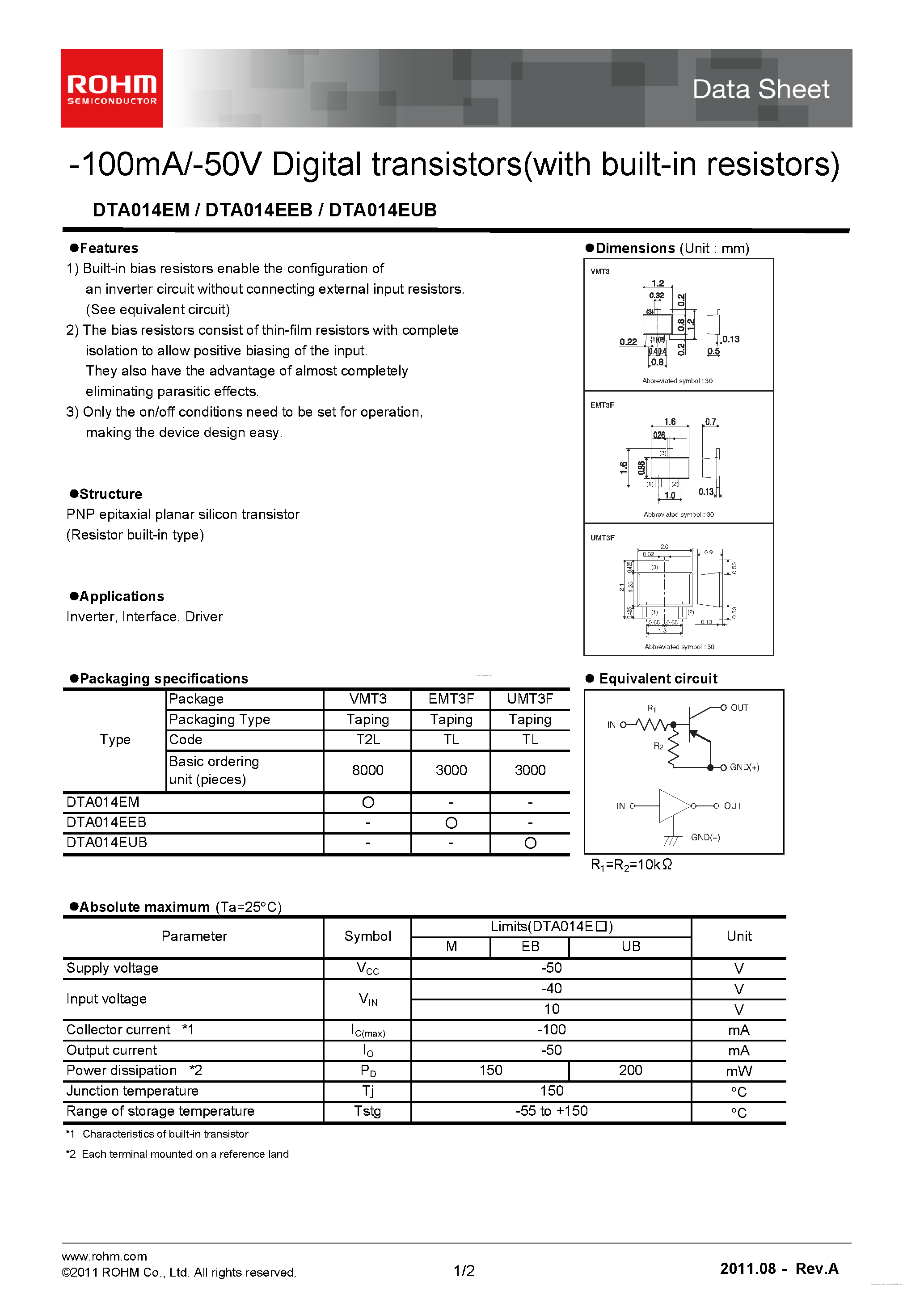 Даташит DTA014EEB - 100mA/-50V Digital transistors страница 1