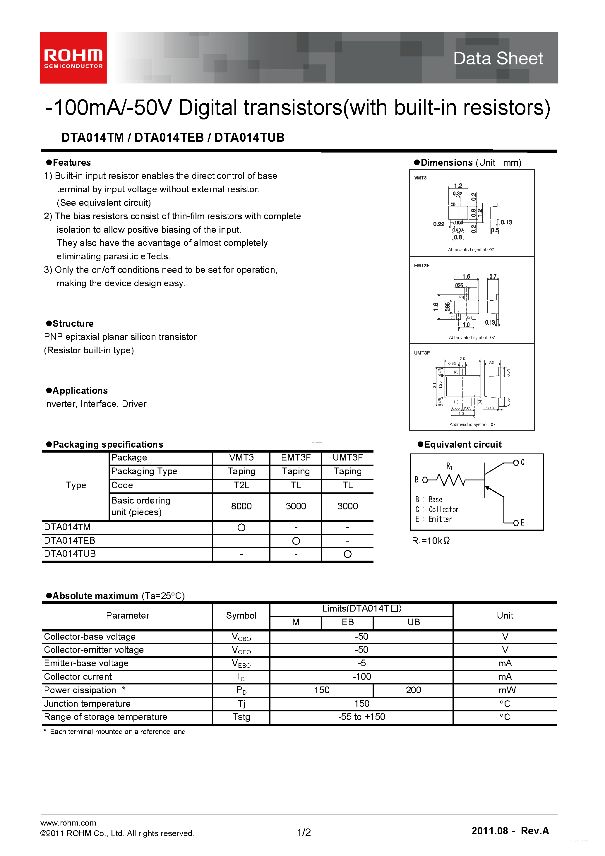 Даташит DTA014TEB - 100mA/-50V Digital transistors страница 1