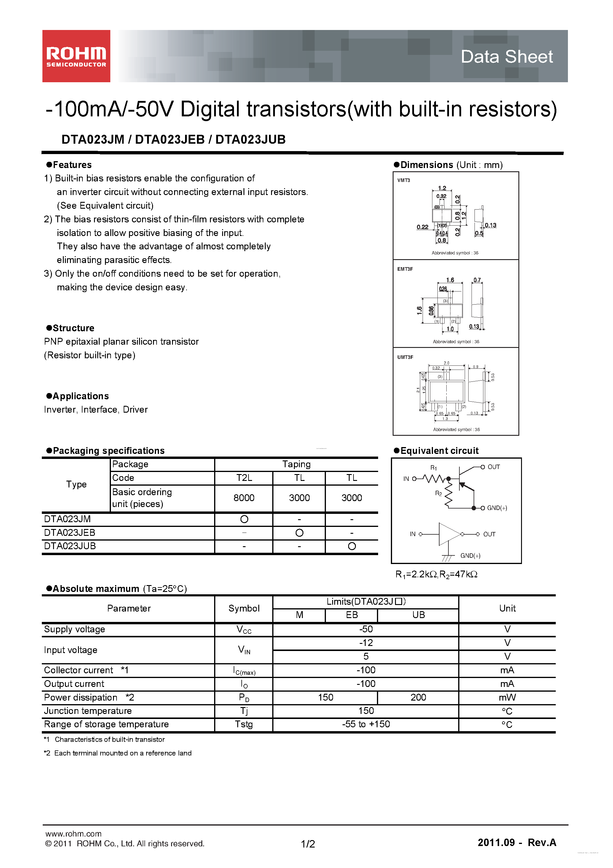 Даташит DTA023JEB - 100mA/-50V Digital transistors страница 1