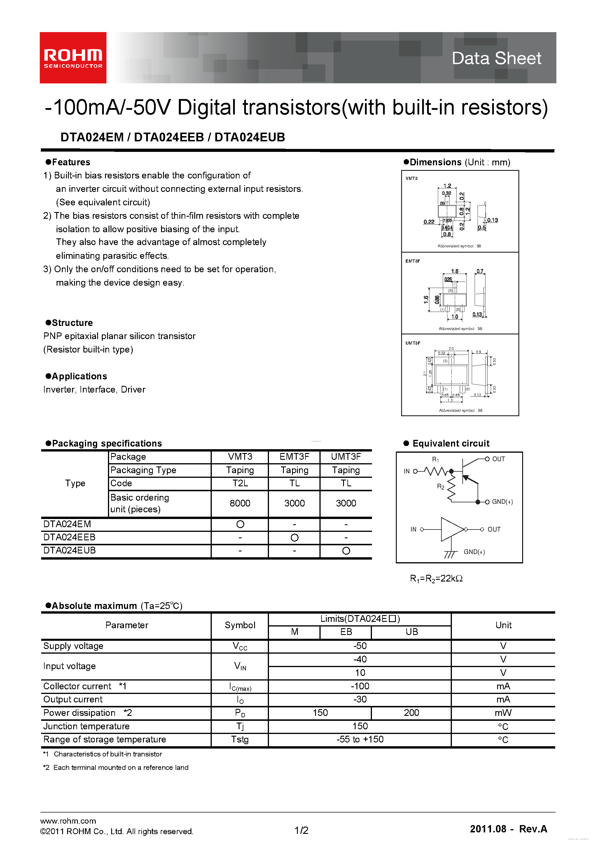 Даташит DTA024EEB - 100mA/-50V Digital transistors страница 1