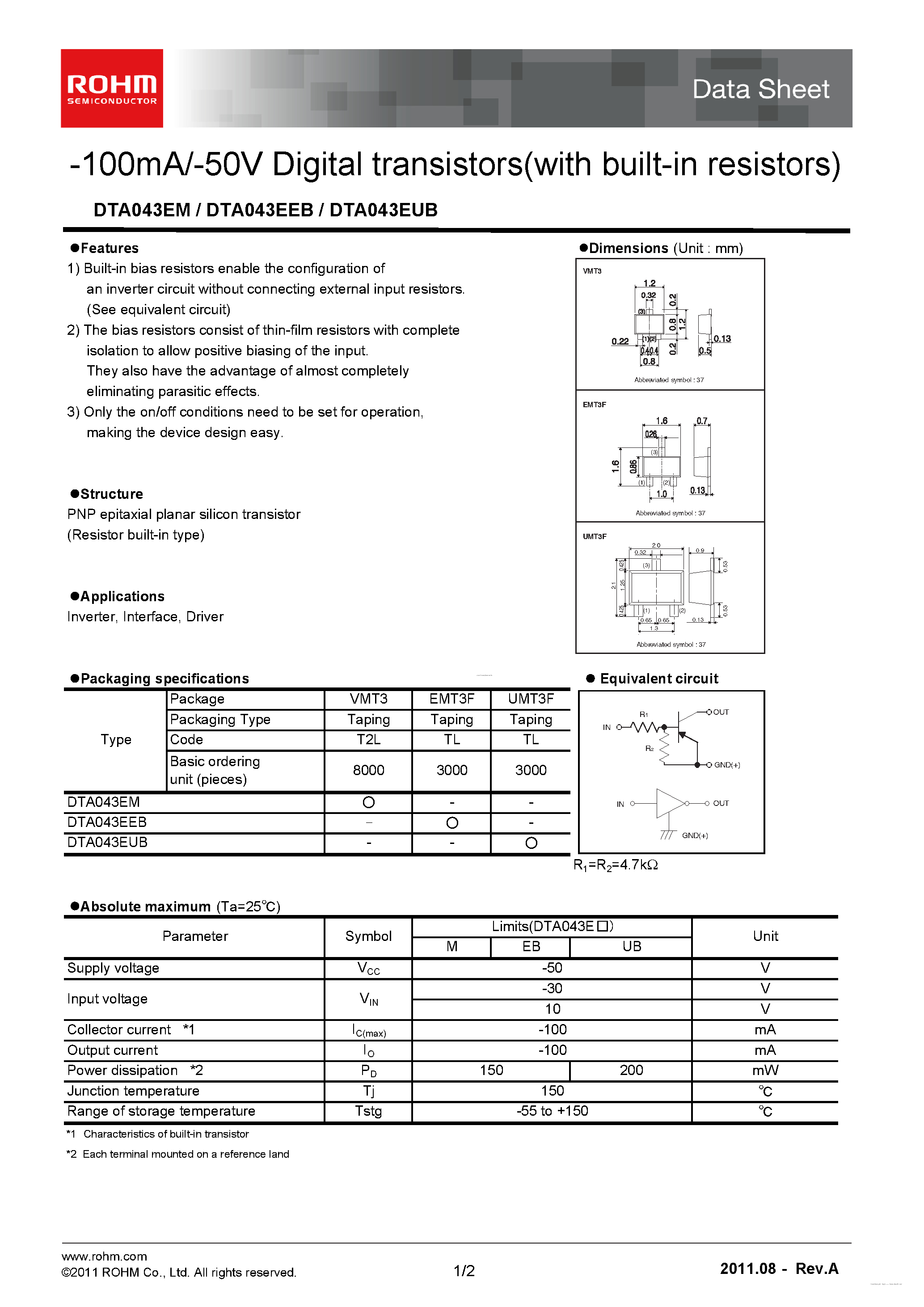 Даташит DTA043EEB - 100mA/-50V Digital transistors страница 1