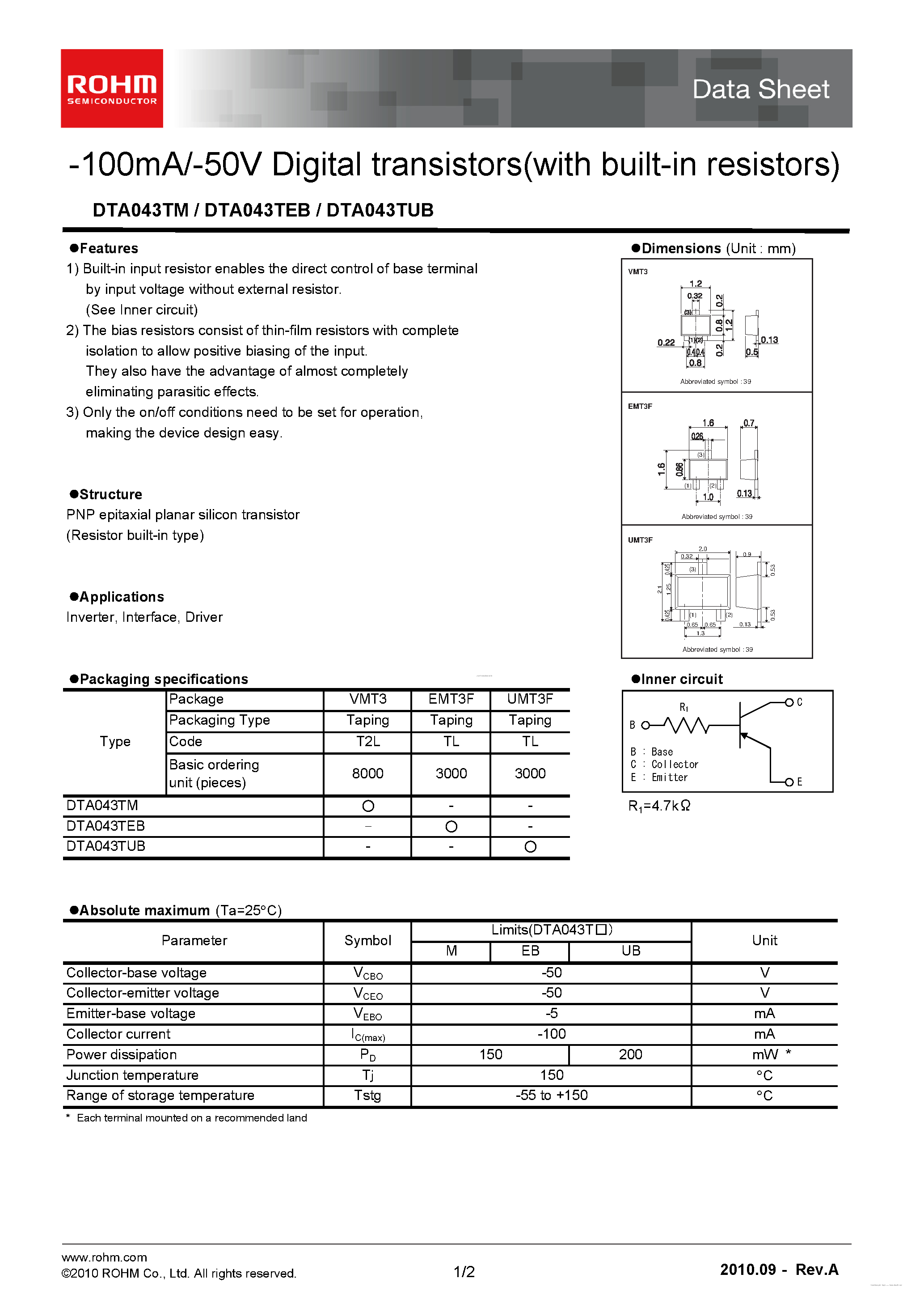 Даташит DTA043TEB - 100mA/-50V Digital transistors страница 1