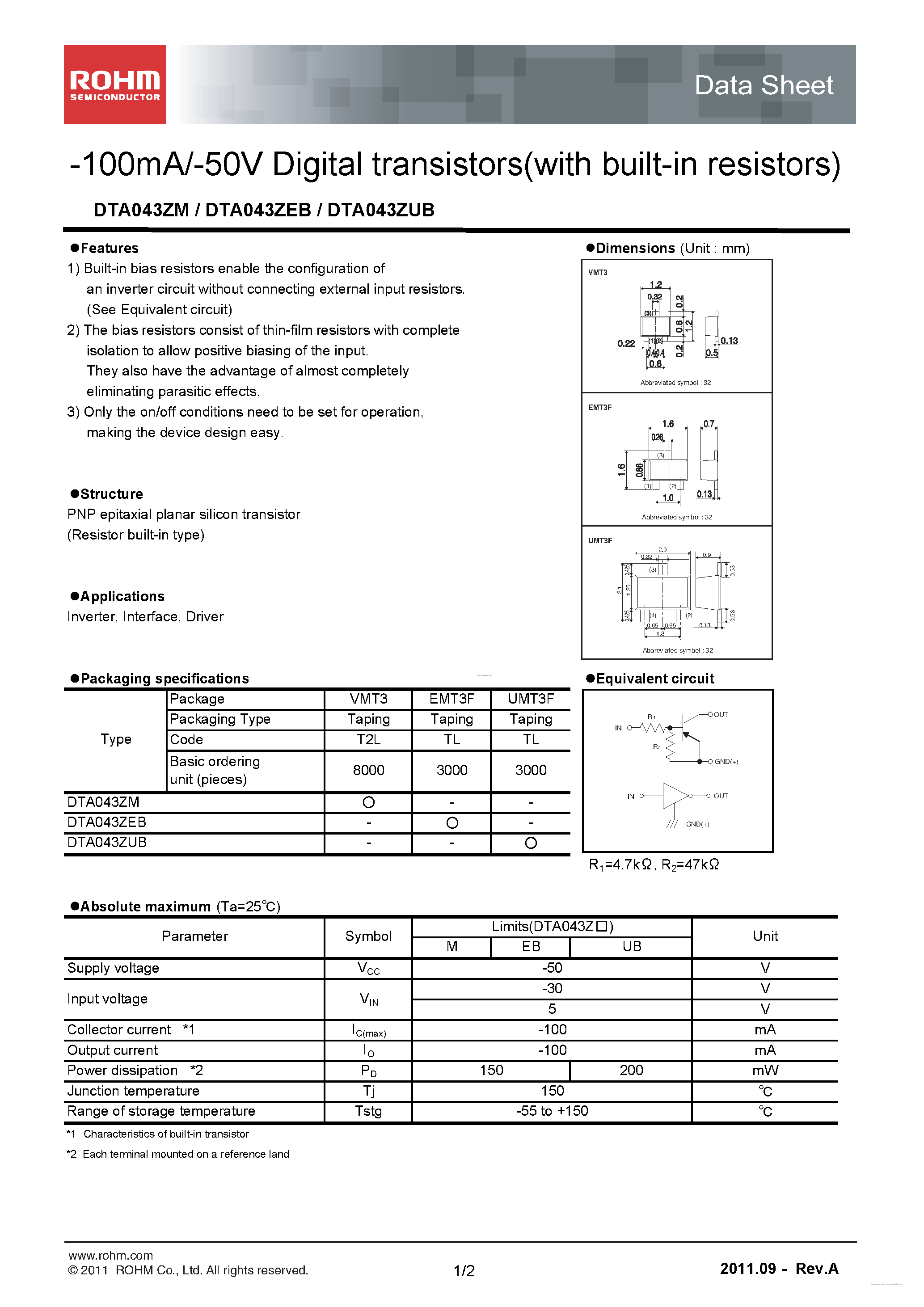 Даташит DTA043ZUB - 100mA/-50V Digital transistors страница 1