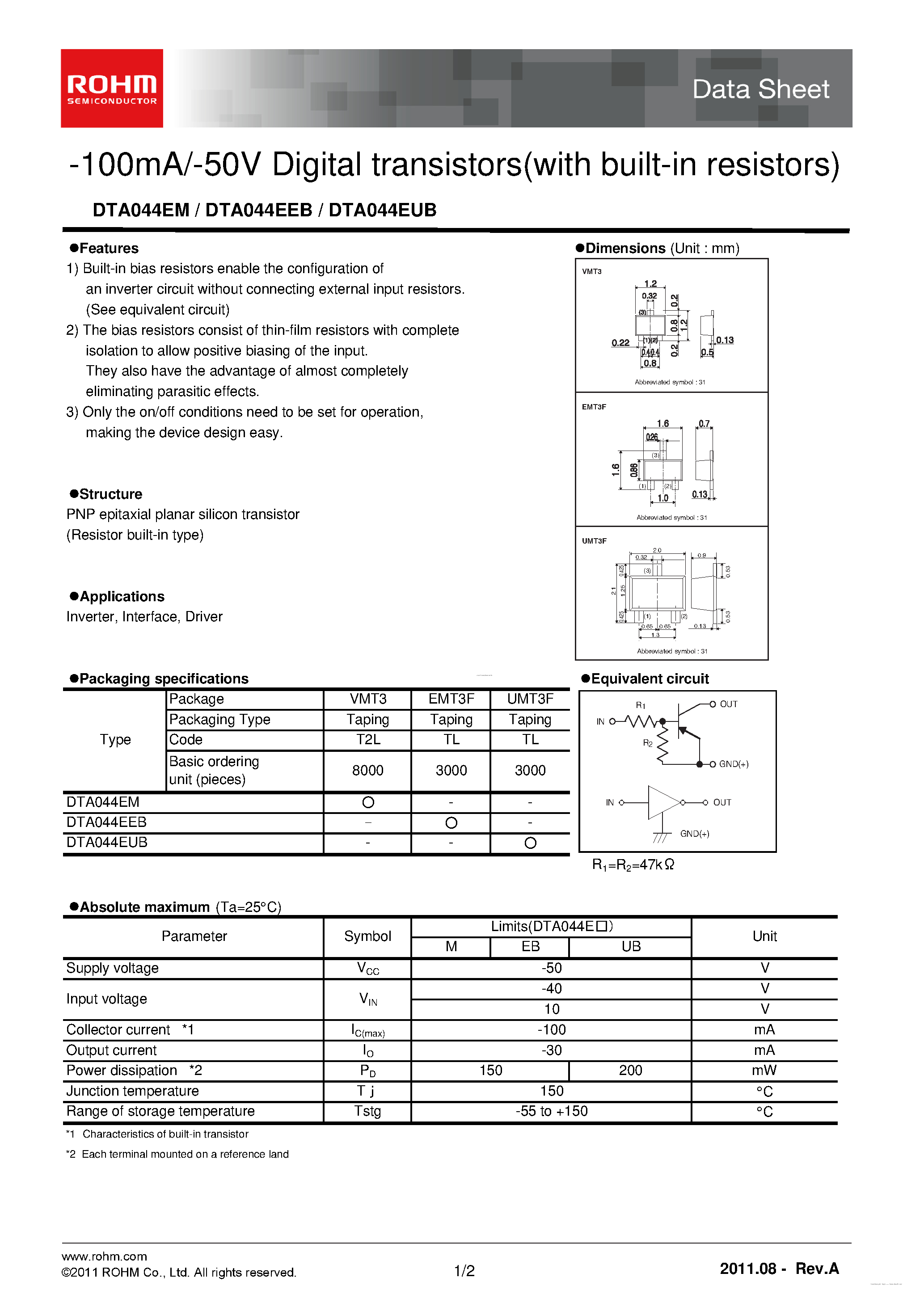Даташит DTA044EM - 100mA/-50V Digital transistors страница 1